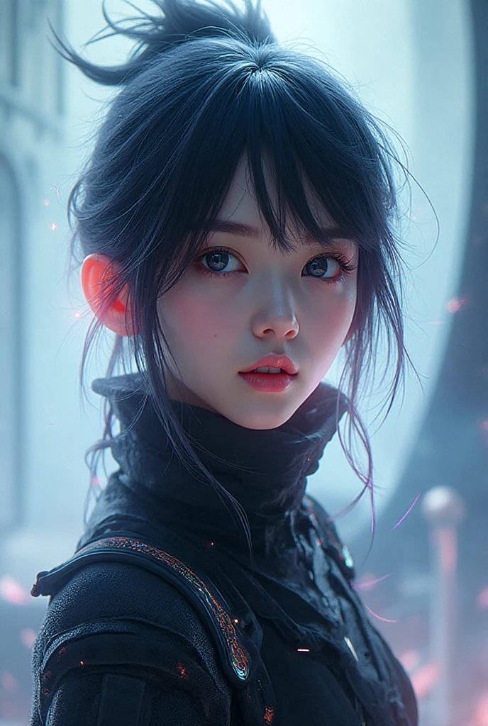 blue long hair，Nice face，duration，Heterochromatic pupil，Gini Coefficient，fully body photo，Big-breasted girl