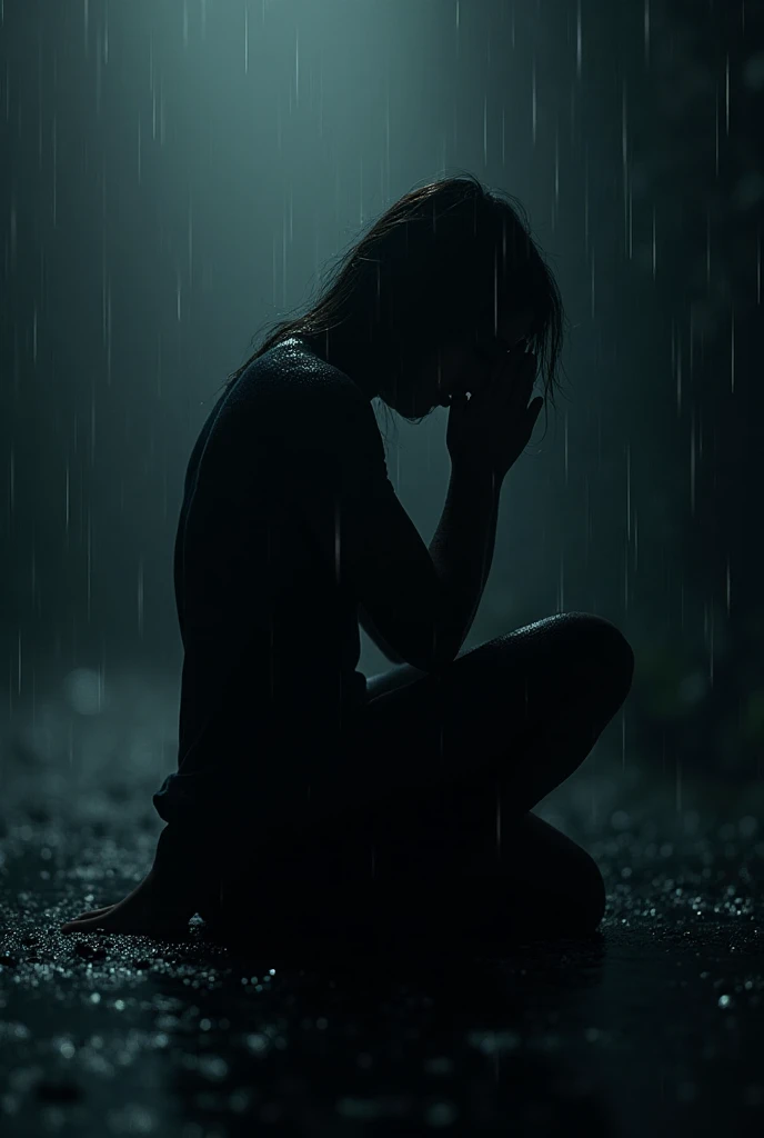 20-year-old woman, Weeping on her knees, dark place under the rain