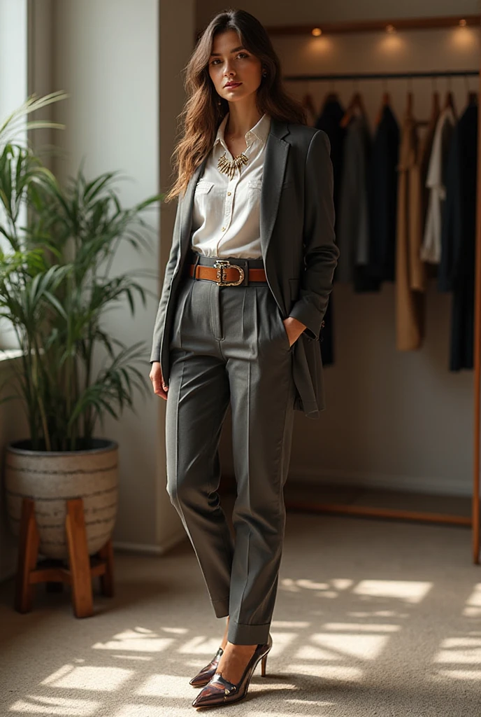 (((side view))), attractive blonde woman wearing olive green business suit jacket with pants, high heel boots, white blouse, curly hair, standing in an office,  wetting, big smile,  stains are gleaming wet, pants really soaked with , (((side view))), 