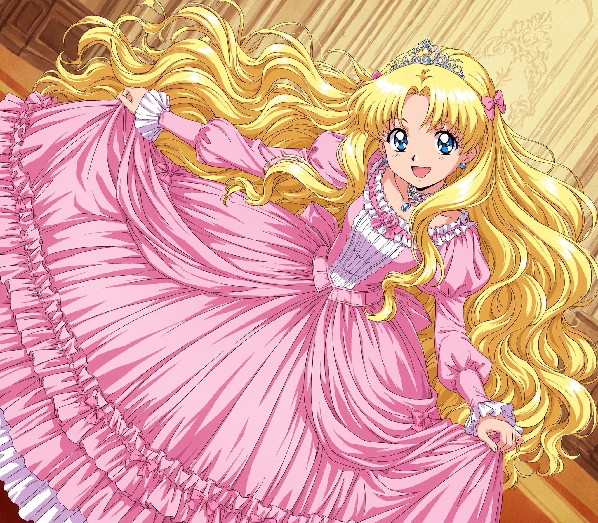 masterpiece, very beautiful, (Anime Coloring, anime screenshot), OFFICIAL ART, illustration, 1990's Anime Style,
1girl, masterpiece, Highest Quality, absurd, OFFICIAL ART, Official Style, Cute Princess, she's smiling,((pink silk satin victorian style large ball gown dress.:1.0)),short,long sleeve,The dress is decorated with lots of ruffles and bows., have waist-length blonde wavy long hair,they wear a princess tiara on their heads,In a gorgeous European rococo palace,