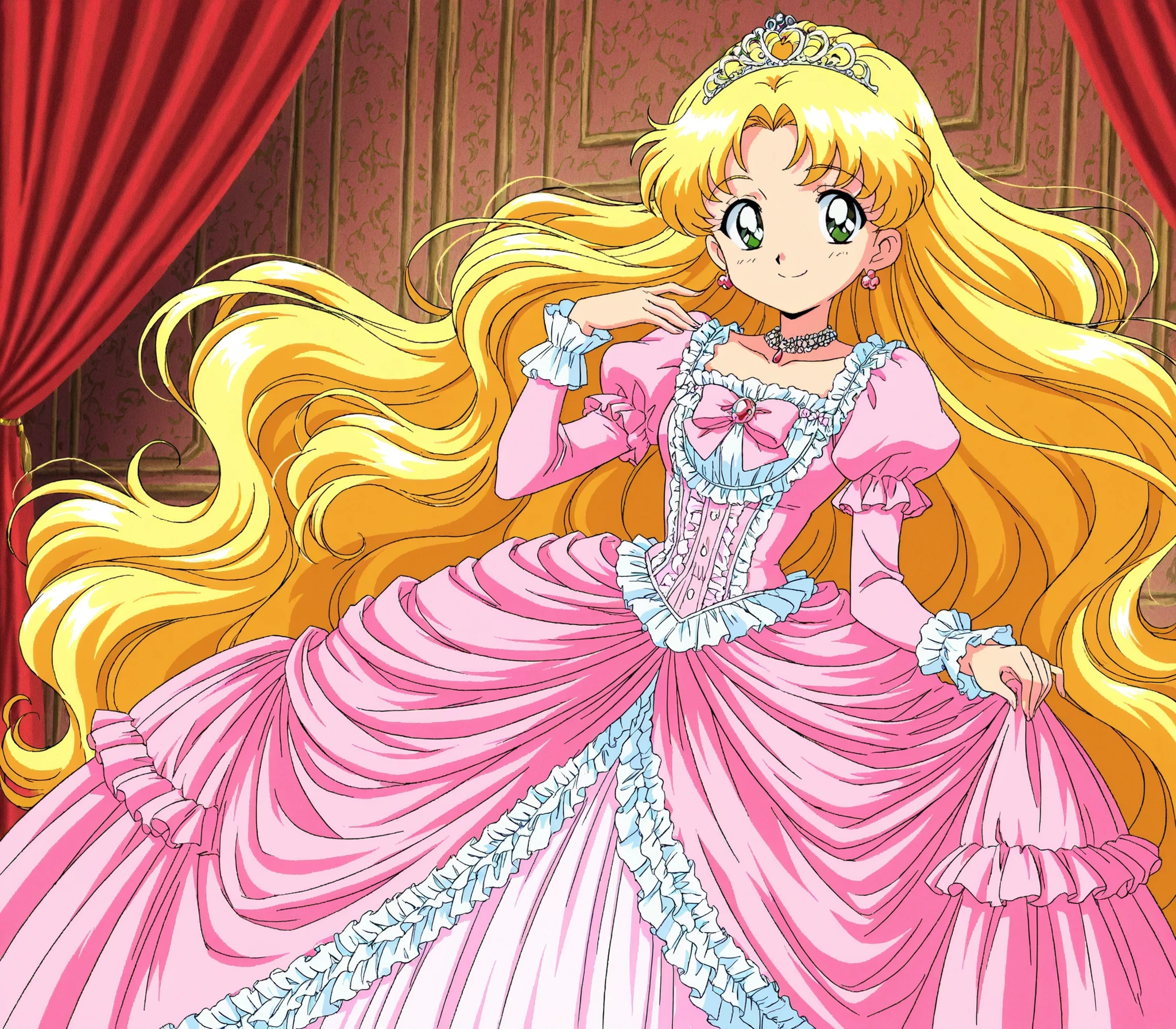 masterpiece, very beautiful, (Anime Coloring, anime screenshot), OFFICIAL ART, illustration, 1990's Anime Style,
1girl, masterpiece, Highest Quality, absurd, OFFICIAL ART, Official Style, Cute Princess, she's smiling,((pink silk satin victorian style large ball gown dress.:1.0)),short,long sleeve,The dress is decorated with lots of ruffles and bows., have waist-length blonde wavy long hair,they wear a princess tiara on their heads,Inside a luxurious European Rococo palace,