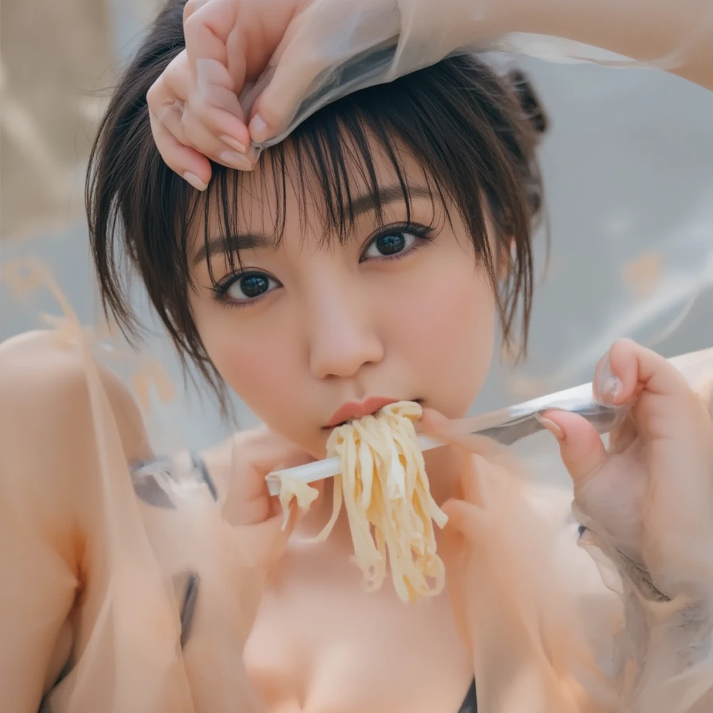 (best quality:1.2), masterpiece, Realistic, Ultra-high resolution, (((a beautiful Japanese idol 12 years old woman:1.2))), ((Gaunt:1.3)), (((Very flat chest:1.4))), ((Baby Face)), villainess, arms up, show me your armpit:1.2, (((tip of sausage touches her armpit:1.2))), (She has condensed milk poured all over her body), (completely :1.2), ((Armpits are wet and shiny with sweat:1.4)), She has skin that sweats easily Soaking wet, Sweaty, ((I can see my pores:1.4)), ((Frightened expression:1.3)), (((Put a very-long-sausage in her mouth:1.3))), ( chamber, prison:1.5)