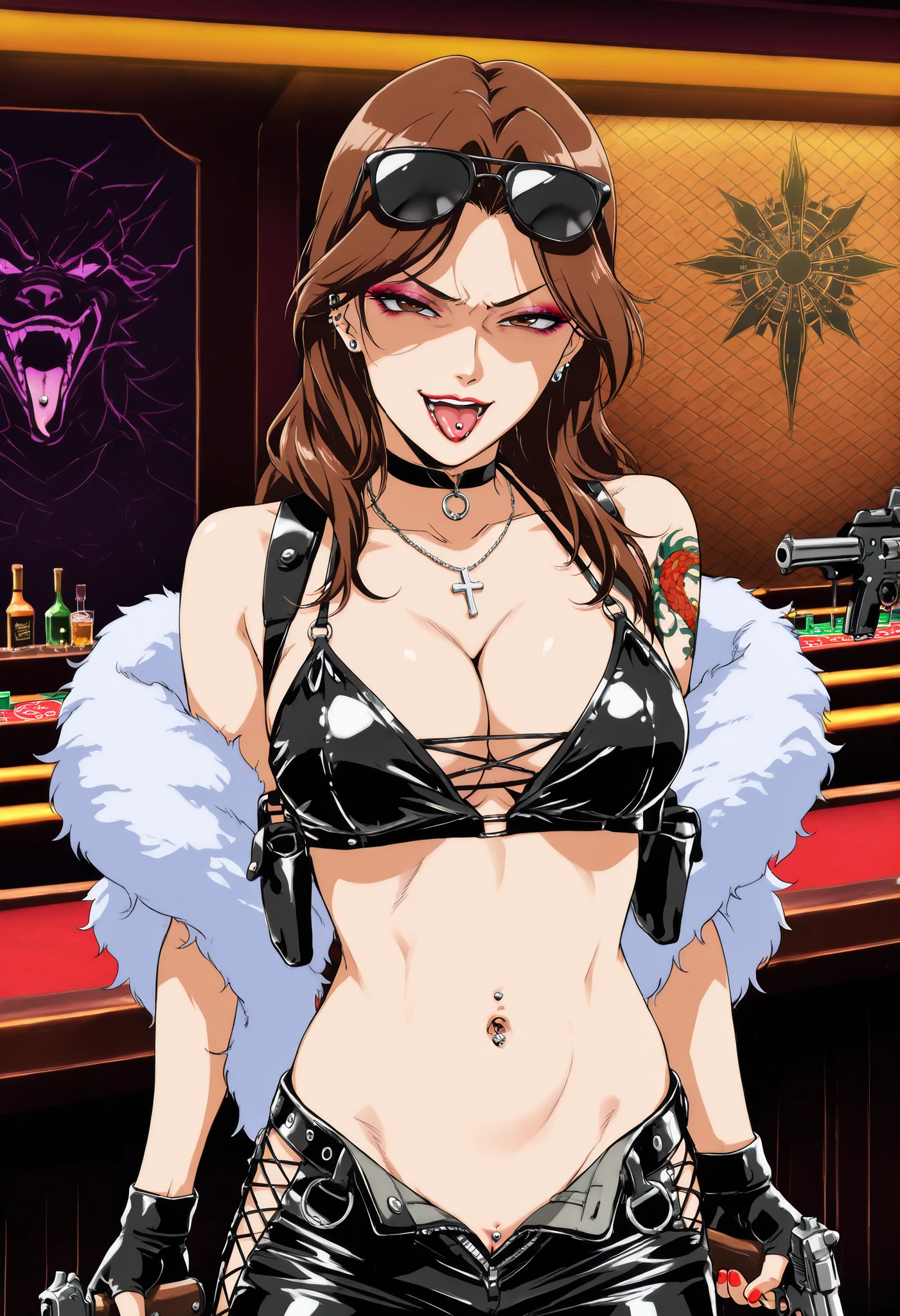mrsyaj1ma, masterpiece, best quality, amazing quality, very aesthetic, absurdres, newest, very awa, beautiful eyes,
masterpiece, best quality, detailed,
feather boa, makeup, lipstick, nail polish, ear piercing, long hair, , lipstick, Hot girl, baddie,, sensual, attractive ,choker , cross necklace, bar background, inside bar ,indoors, , casino, , fur jacket , bare shoulders , white fur , , , leather pants , dark brown , fur , side inserts , belt , weapon holder , weapon , fingerless gloves , leather , forearms , sword , short , strapped , belt , cowboy shot , masterpiece , best quality , highly detailed , a girls with a gun , evil smile , open mouth , sexy gaze , badass pose , evil smile , smile , (nsfw) not safe for work , guns blazing , anime girl with long hair , beautiful long haired girl , navel , evil expression , exposed belly , exposed navel , exposed midriff , exposed lower belly , long black pants , cleavage , unbuttoned leather pants , open fly , low rise black leather pants , leather jacket , holding a gun , holding pistol , unbuttoned shirt , collared shirt , knot , pull_down leather pants , (show off panties , :1 . 2 , no panties) , pull_down long black pants , pull_down black leather pants , zip up leather jacket , bikini top , navel piercing , cross-laced slit , tongue piercing , tongue out , open mouth , clitoris piercing ,, , shoulder holster,, sunglasses on head ,medium large breast ,looking at viewer , dragon tattoo on waist, narrowed eyes, tattoo on waist, anipai_style , anime screencap , anime coloring, v-shape eyebrows,,