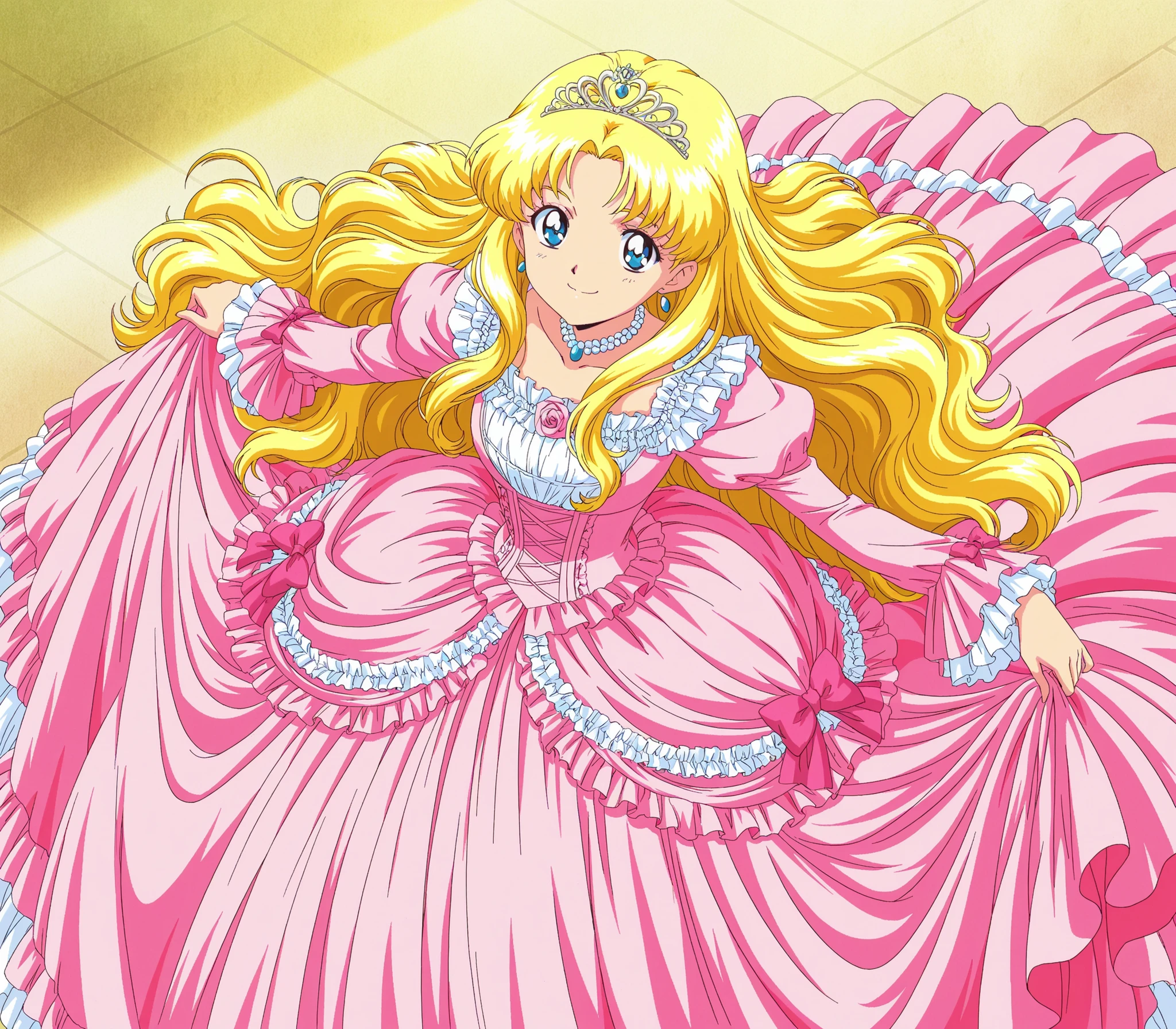 masterpiece, very beautiful, (Anime Coloring, anime screenshot), OFFICIAL ART, illustration, 1990's Anime Style,
1girl, masterpiece, Highest Quality, absurd, OFFICIAL ART, Official Style, Cute Princess, she's smiling,((pink silk satin victorian style large ball gown dress.:1.0)),short,long sleeve,The dress is decorated with lots of ruffles and bows., have waist-length blonde wavy long hair,they wear a princess tiara on their heads,In a gorgeous European rococo palace,