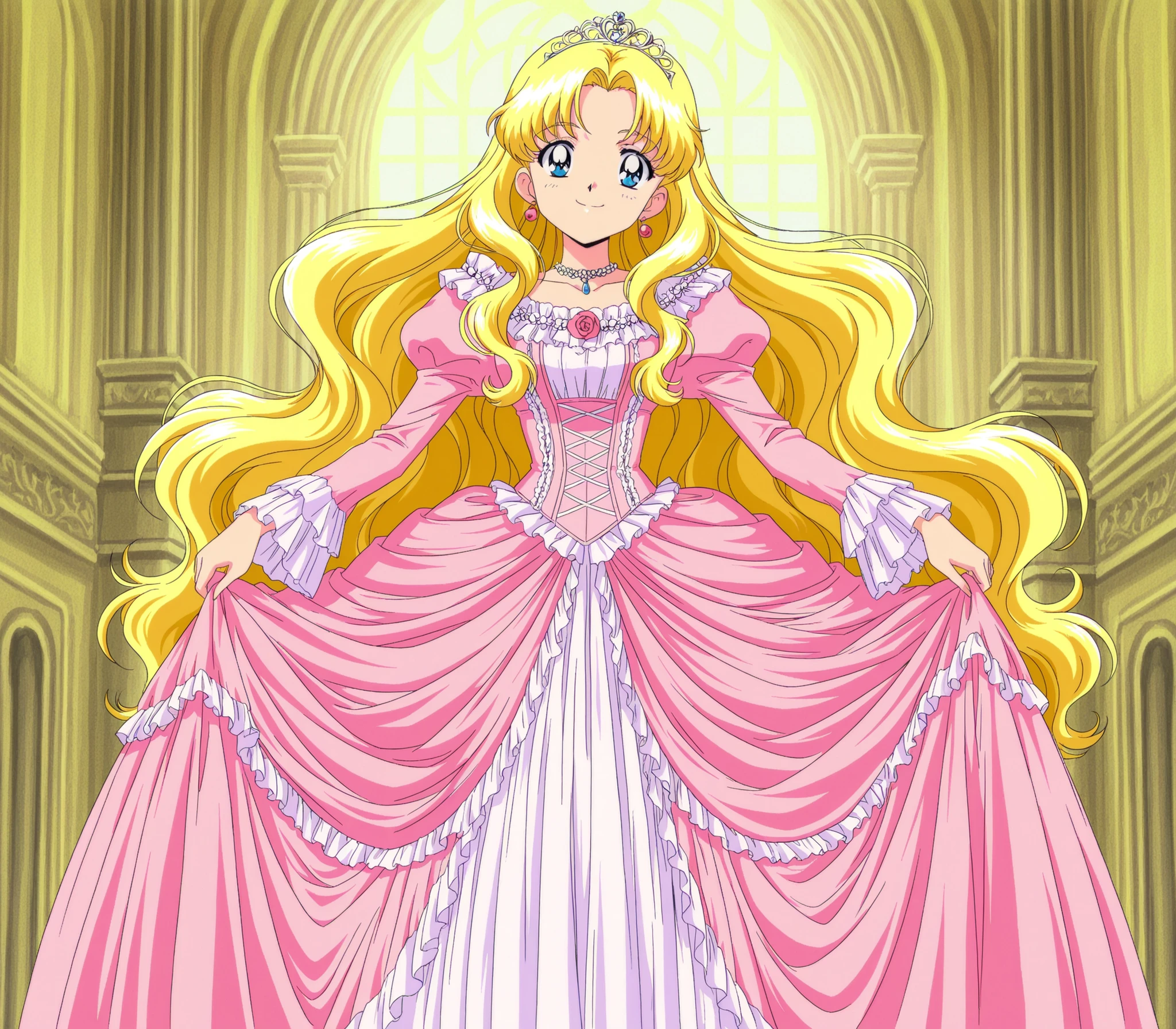 masterpiece, very beautiful, (Anime Coloring, anime screenshot), OFFICIAL ART, illustration, 1990's Anime Style,
1girl, masterpiece, Highest Quality, absurd, OFFICIAL ART, Official Style, Cute Princess, she's smiling,((pink silk satin victorian style large ball gown dress.:1.0)),short,long sleeve,The dress is decorated with lots of ruffles and bows., have waist-length blonde wavy long hair,they wear a princess tiara on their heads,In a gorgeous European rococo palace,detailed background 1.0