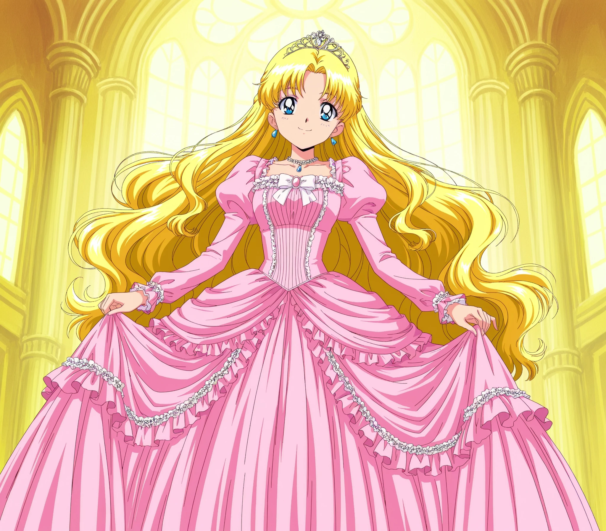masterpiece, very beautiful, (Anime Coloring, anime screenshot), OFFICIAL ART, illustration, 1990's Anime Style,
1girl, masterpiece, Highest Quality, absurd, OFFICIAL ART, Official Style, Cute Princess, she's smiling,((pink silk satin victorian style large ball gown dress.:1.0)),short,long sleeve,The dress is decorated with lots of ruffles and bows., have waist-length blonde wavy long hair,they wear a princess tiara on their heads,In a gorgeous European rococo palace,detailed background 1.0