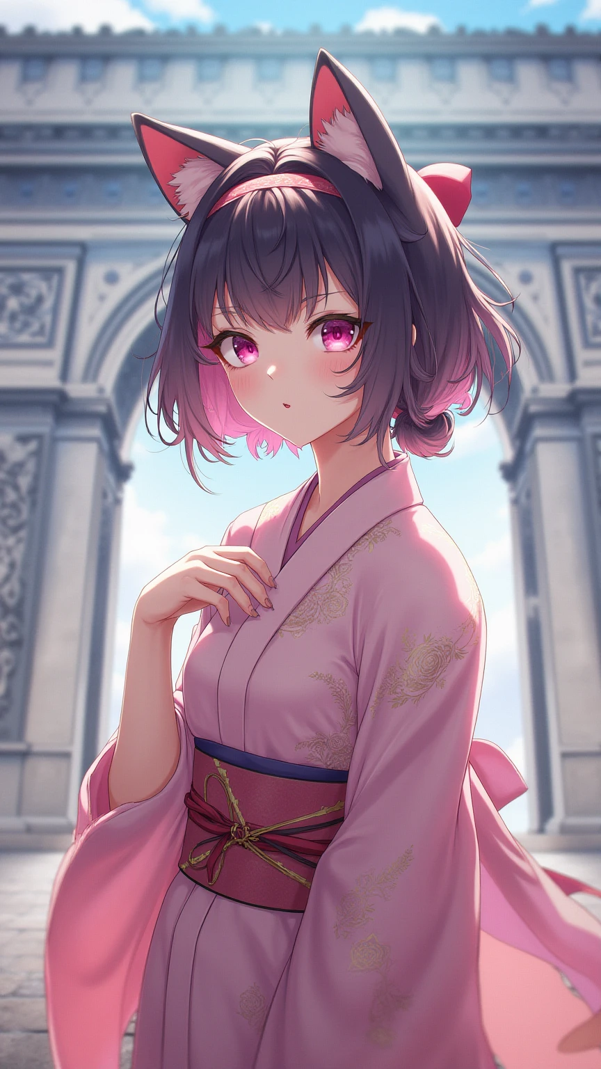 high-definition images、CyberAgent Mira、is photographed with cute cat ears and a pink kimono with the Arc de Triomphe in the background、
