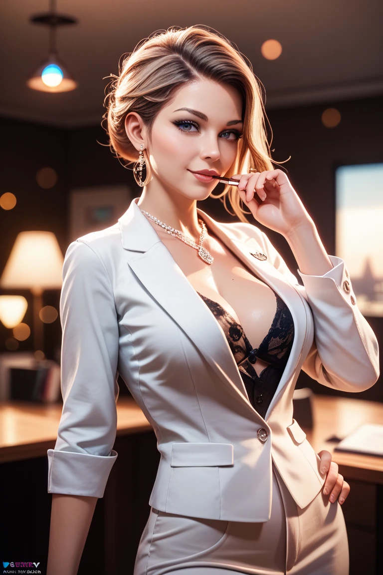 a portrait of photorealistic a CSO sitting on a desk crossing legs lay back in provocative stunning pose, a moment with a heavenly transition luminescent movement background, glowing suit, open shirt shows her bust, sitting on the desk, UHD, intricate detailed, 8k, best quality ever, masterpiece, super detailed, unleashed creativity, beyond imagination, dramatic light