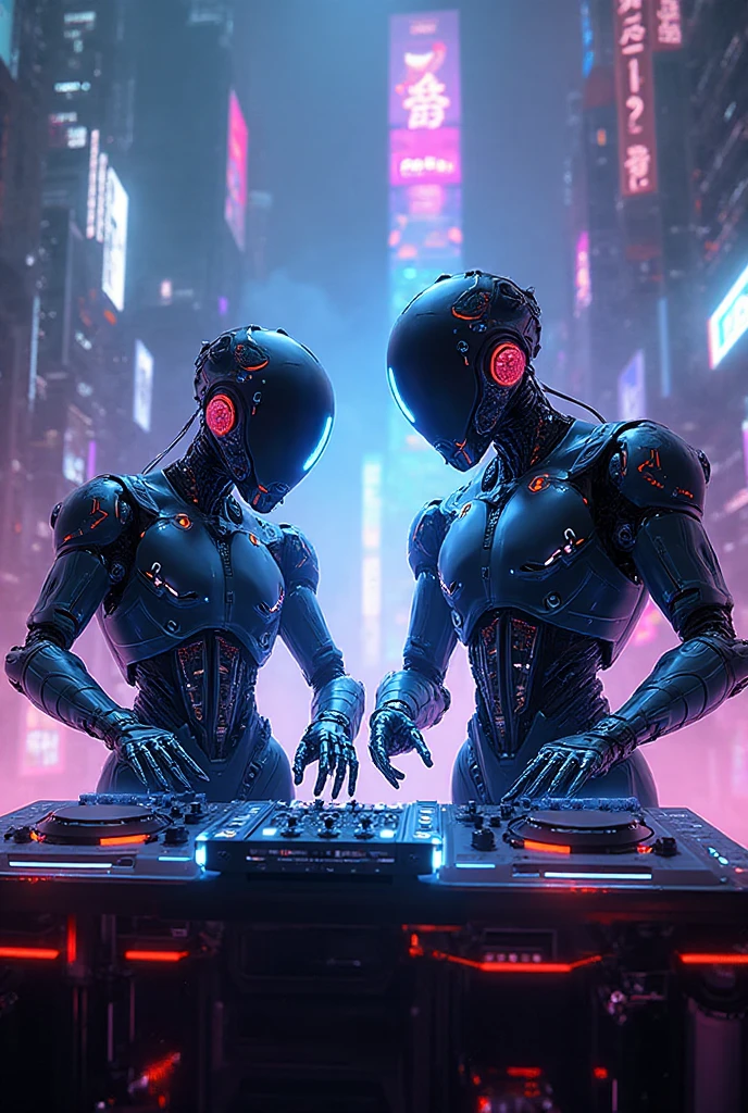 Robot Visuals Rave Robot DJ couple playing at a cyberpunk Rave party - SeaArt AI