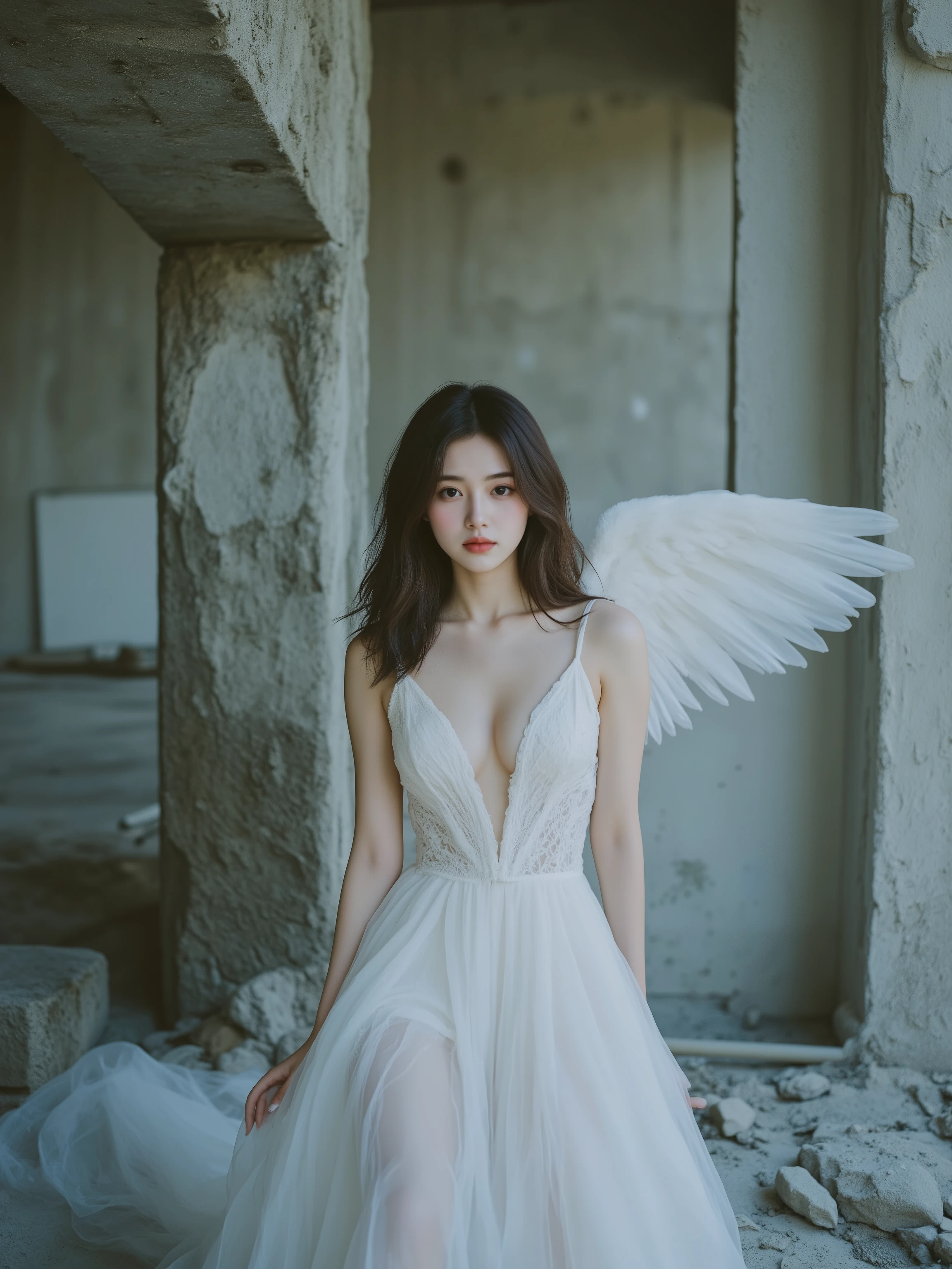 A celestial woman with innocent facial features and magnificent white angel wings lies on a bed constructed from concrete debris in an abandoned building. White sheer cloth wraps loosely around her body. The derelict concrete structure displays water stains, moss growth, and structural damage. Twisted metal reinforcement bars protrude from crumbling walls. Atmospheric lighting creates a dreamlike quality with soft blue and warm amber tones filtering through the deteriorated architecture.