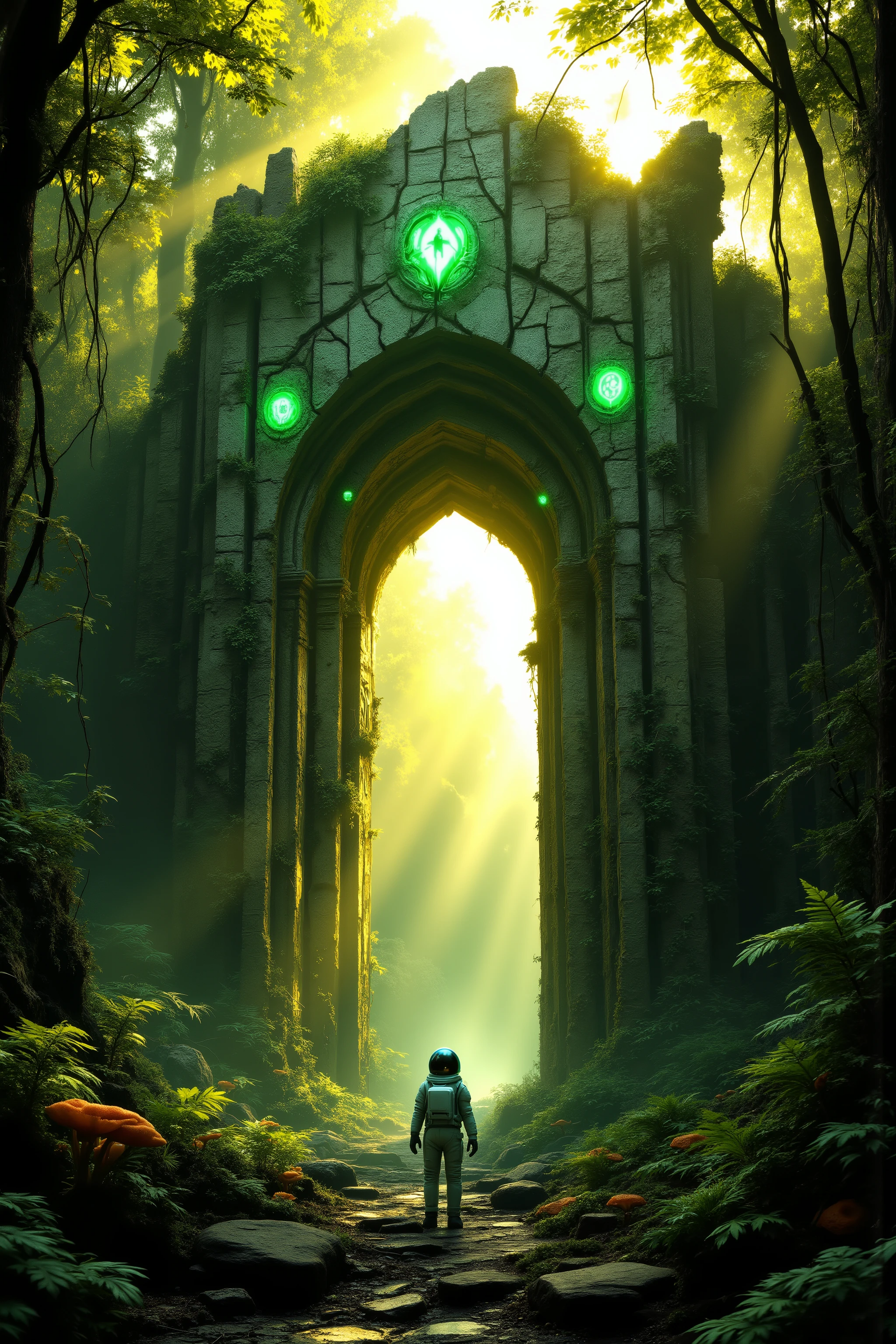 A massive ruined alien gate towers in the middle of a lush daylight forest, its cracked stone blocks weathered and half-collapsed, overgrown with vines, moss, and thick roots. Shafts of golden sunlight filter through the canopy, illuminating fractured arches and leaning spires etched with glowing green glyphs that flicker faintly across their eroded surfaces. Fallen masonry and shattered steps litter the foreground, broken carvings half-buried beneath ferns and clusters of giant mushrooms. The ruins feel ancient and crumbling, their symmetry broken by centuries of decay, yet a strange energy still hums within the glyphs. A lone astronaut stands dwarfed at the base, their reflective visor catching the light as drones hover nearby scanning the glyphs. Mist lingers in the distance, but the scene is alive with forest growth reclaiming stone. Ultra HD, cinematic digital painting, hyper-detailed, dramatic atmosphere, monumental scale.