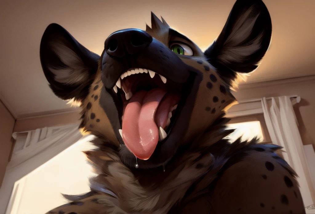 anthro, brown hyena, male, skinny body, shaggy fur, thick fur, ???????, kneeling on ground, realistic fur, detailed background, wilderness background, realistic, photorealistic, ultra realistic, 8k, focus on head, view from above, ??? on face, open mouth, ??? in mouth, canine teeth, tongue out, blushing, realistic hands, 5 fingers, black claws, first person view, oral, hyena giving oral, canine ????? in mouth, (by blotch)