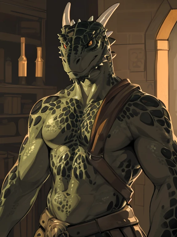 argonian, the elder scrolls, scalie, scales, horn, (by taran fiddler:1.1), (by chelodoy:1.1), (by jay naylor:1.1), , anthro, (black body:1.3), red feathers, red mohawk, male, solo, humanoid , (black :1.3), bedroom, tavern, standing, saggy , front view, tail, blue eyes