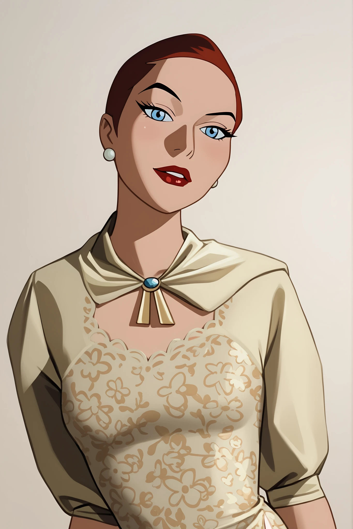 1980s (style), retro artstyle, source_cartoon, score_9, score_8_up, score_7_up, score_6_up, ((zPDXL2)), (cartoon, highly detailed, masterpiece, absurd resolution, perfect anatomy), cowboy shot BREAK barbara gordon, long hair, red hair, blue eyes, solo, raised eyebrow, flirting, ((looking at viewer)), lipstick, makeup, curvy, toned, athletic, bitingown lips in a seducing way, standing, hands beforehead , in cave ,((wearing a sexy cut out  pornstar babysitter pastel color mesh lace mini dress with side slit, jewelery,old fashioned Young woman, Pair it with a peasant style dress, There is no neckline, red hair, perfect details and blue eyes, high-definition picture quality, 8K, Young woman, stocklings,))