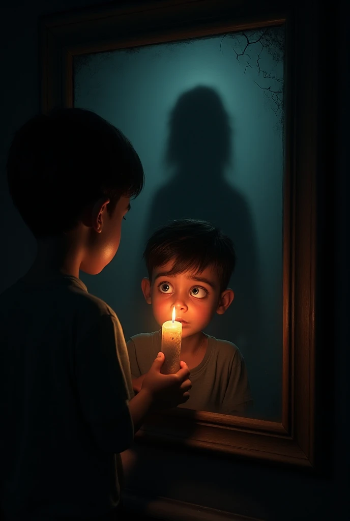 Crea una imagen inquietante que capture la esencia de la historia "Tobi: El Perro Imaginario". En la imagen, shows a 9 year old boy, Kique, de pie en la entrada de una casa suburbana, staring with a disturbing smile at a dark, menacing shadow looming over an empty plate. En el fondo, una madre aterrorizada observa desde una ventana, with eyes wide open and hands covering his mouth. Make sure the shadow is shaped to suggest a ghoulish giant dog, pero de una manera sutil y aterradora, con ojos rojos brillantes que destaquen en la oscuridad. The atmosphere should be nocturnal and gloomy, with soft lights that add to the suspense and mystery of the scene.