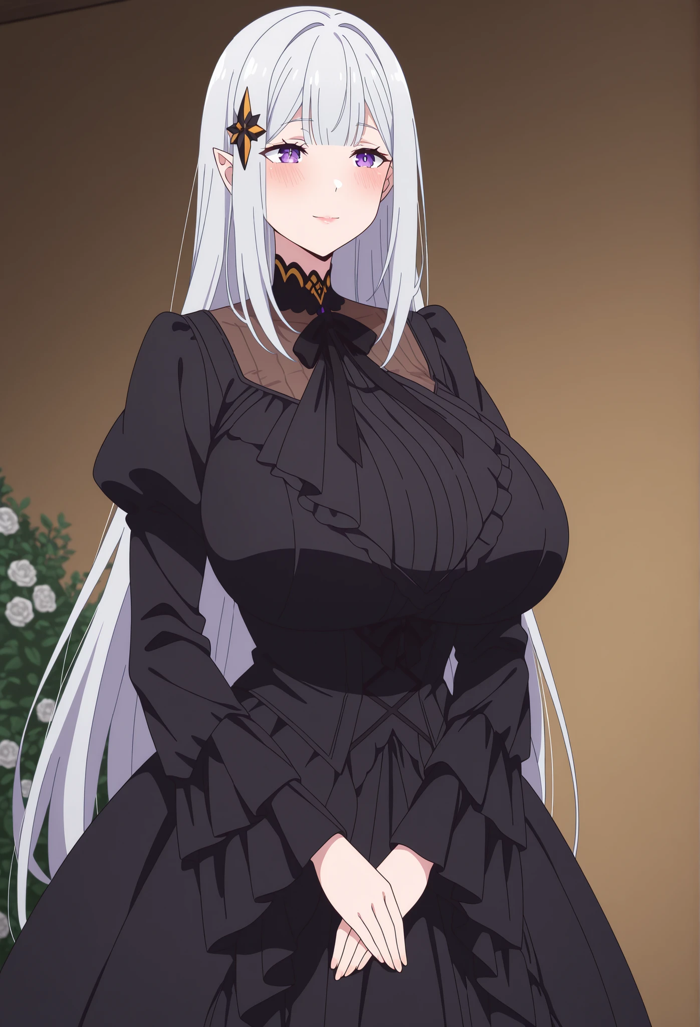 newest , masterpiece , anime screencap , anime coloring , adult ReZero, Solo, long dress, Satella, Anime, 1girl, Mature Female, pointy ears, hair ornament, blush, silver hair, long hair, closed mouth, light smile, lips, purple eyes, Huge breasts, view detailed body, ((lady, Black Victorian Dress, black dress, ribbon, garden,))), 1889, (((Sexy,)))