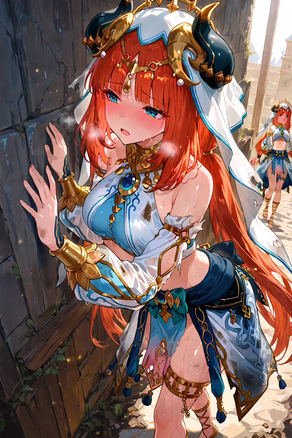 masterpiece, best quality, nilou, red hair, twintails, blue eyes, long hair, blue skirt, bracer, circlet, crop top, dancer, detached sleeves, fake horns, gladiator sandals, gold footwear, gold trim, horns, jewelry, long sleeves, neck ring, puffy long sleeves, puffy sleeves, sandals, skirt, thighlet, thighs, veil, white headwear, white sleeves, white veil, torn sleeves, torn clothes, damaged clothes, wet clothes, dirty clothes, sweating, blushing, shiny skin, in the ruin, panting, heavy breathing, one hand on the wall, walking, looking around, exhaustion