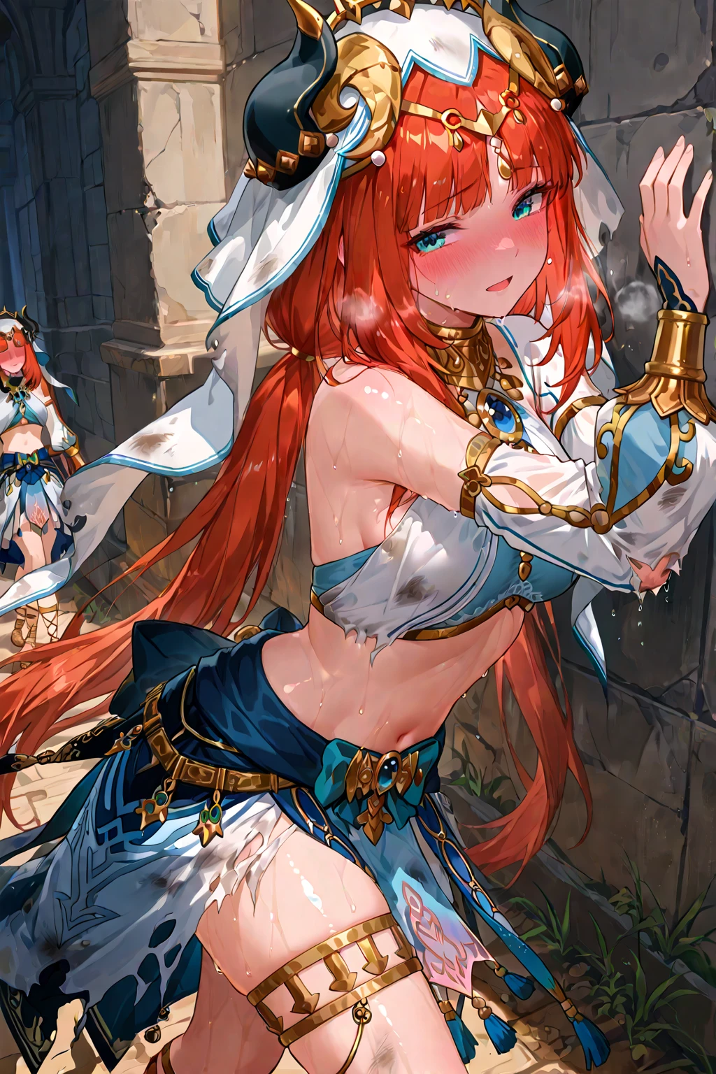 masterpiece, best quality, nilou, red hair, twintails, blue eyes, long hair, blue skirt, bracer, circlet, crop top, dancer, detached sleeves, fake horns, gladiator sandals, gold footwear, gold trim, horns, jewelry, long sleeves, neck ring, puffy long sleeves, puffy sleeves, sandals, skirt, thighlet, thighs, veil, white headwear, white sleeves, white veil, torn sleeves, torn clothes, damaged clothes, wet clothes, dirty clothes, sweating, blushing, shiny skin, in the ruin, panting, heavy breathing, one hand on the wall, walking, looking around, exhaustion