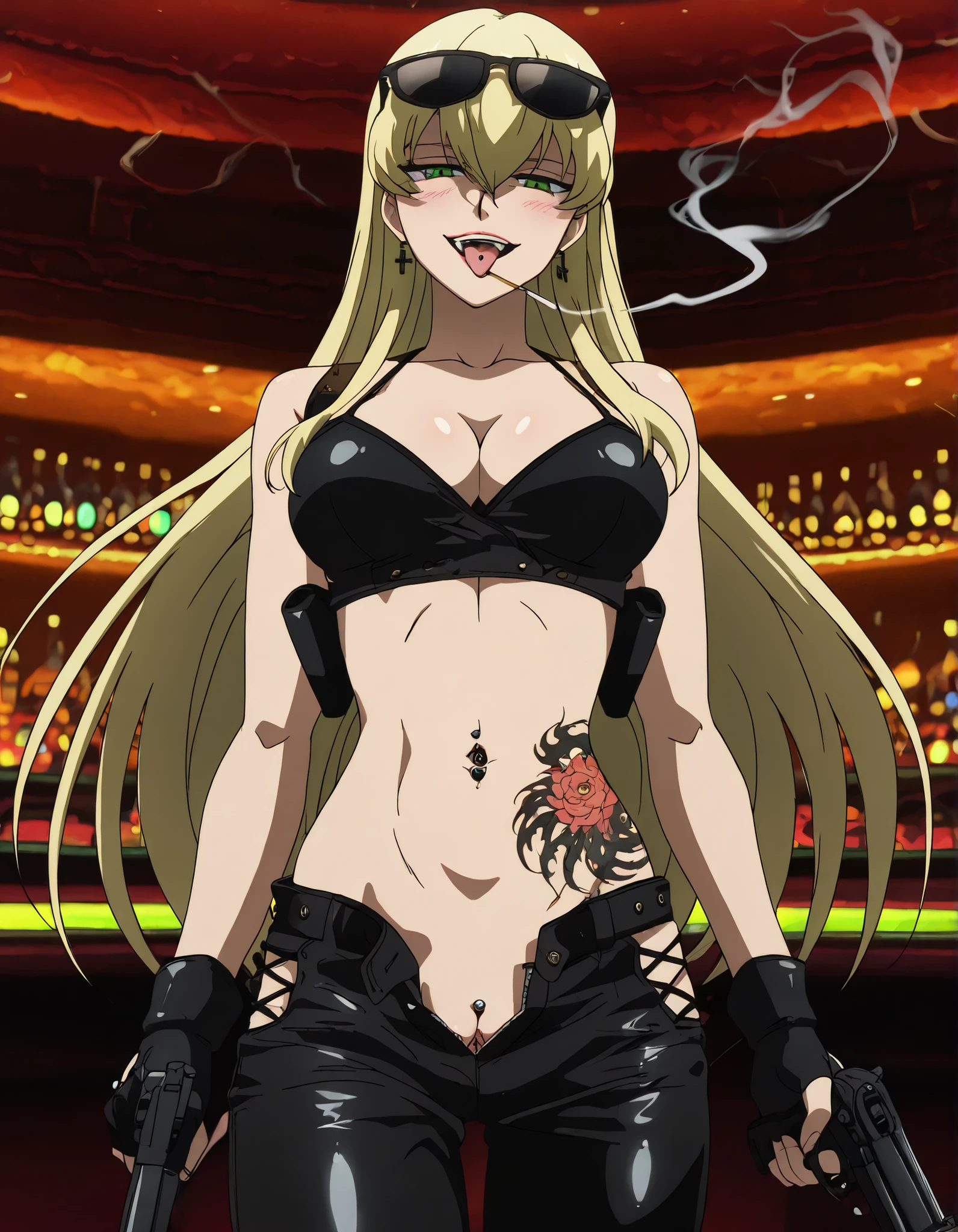 masterpiece, best quality, newest, absurdres, very aesthetic, Doya, 1girl, solo, , blonde hair, long hair, bangs between eyes, green eyes,  ,, looking at the viewer,  , masterpiece, best quality, highly detailed, , open mouth, ,, ear piercing, long hair, blush, lipstick,Hot girl, baddie, smoking, sensual, attractive ,jewelry, earrings,bar background, inside bar ,indoors, , casino, , fur jacket , bare shoulders , white fur , , , leather pants , dark brown , fur , side inserts , belt , weapon holder , weapon , fingerless gloves , leather , forearms , sword , short , strapped , belt , cowboy shot , masterpiece , best quality , highly detailed , a girls with a gun , evil smile , open mouth , sexy gaze , badass pose , evil smile , smile , (nsfw) not safe for work , guns blazing , anime girl with long hair , beautiful long haired girl , navel , evil expression , exposed belly , exposed navel , exposed midriff , exposed lower belly , long black pants , cleavage , unbuttoned leather pants , open fly , low rise black leather pants , leather jacket , holding a gun , holding pistol , , pull_down leather pants , (show off panties , :1 . 2 , no panties) , pull_down long black pants , pull_down black leather pants , zip up leather jacket , bikini top , navel piercing , cross-laced slit , tongue piercing , tongue out , open mouth , clitoris piercing ,, , shoulder holster,, sunglasses on head,,medium large breasts, waist dragon tattoo, narrowed eyes, tattoo waist, anipai_style , anime screencap , anime coloring, 