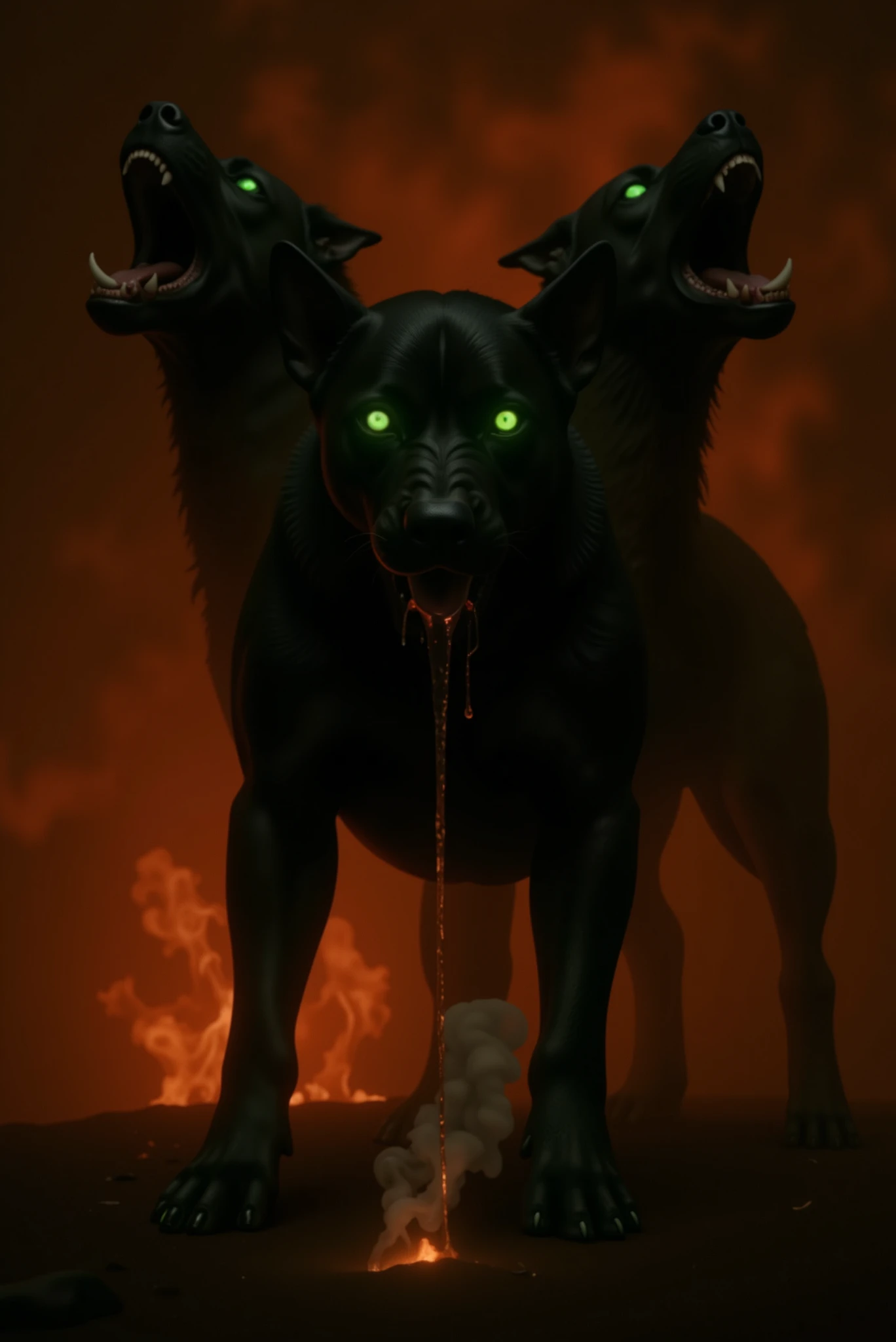 Photorealistic full-body cinematic portrait of Cerberus, the mythological three-headed black dog, standing in a fiery underworld. The creature faces forward, with the two side heads howling upward and the central head staring directly at the viewer. Thick, iridescent saliva in shades of green and red drips from the central mouth, releasing smoke as it hits the scorched ground. All three heads have glowing, fluorescent green eyes that shine as if lit from within. Cerberus’s fur is coarse and jet black, highlighted by the orange glow of surrounding flames. The background is filled with swirling smoke, embers, and lava cracks, casting dramatic lighting and shadows across the creature’s muscular frame. The atmosphere is intense, mythological, and ominous.