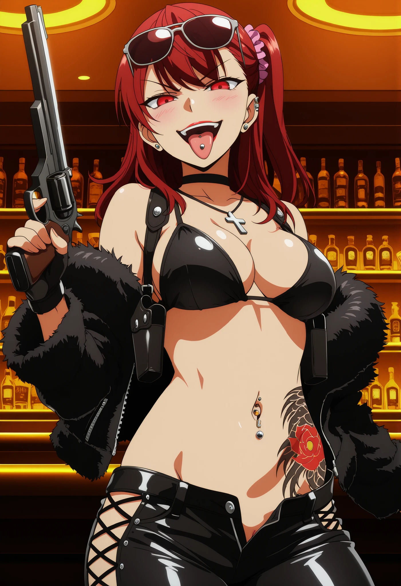 masterpiece, best quality, amazing quality,,  izumi nogami, red hair, one side up, medium hair, scrunchie, red eyes, mature female, , ear piercing, long hair, blush, lipstick,Hot girl, baddie, smoking, sensual, attractive, cross necklace, choker,, bar background, inside bar ,indoors, , casino, , fur jacket , bare shoulders , white fur , , , leather pants , dark brown , fur , side inserts , belt , weapon holder , weapon , fingerless gloves , leather , forearms , sword , short , strapped , belt , cowboy shot , masterpiece , best quality , highly detailed , a girls with a gun , evil smile , open mouth , sexy gaze , badass pose , evil smile , smile , (nsfw) not safe for work , guns blazing , anime girl with long hair , beautiful long haired girl , navel , evil expression , exposed belly , exposed navel , exposed midriff , exposed lower belly , long black pants , cleavage , unbuttoned leather pants , open fly , low rise black leather pants , leather jacket , holding a gun , holding pistol , , pull_down leather pants , (show off panties , :1 . 2 , no panties) , pull_down long black pants , pull_down black leather pants , zip up leather jacket , bikini top , navel piercing , cross-laced slit , tongue piercing , tongue out , open mouth , clitoris piercing ,, , shoulder holster,, sunglasses on head, medium  breasts, waist dragon tattoo, narrowed eyes, tattoo waist, , anime screencap , anime coloring, looking at viewer , v-shaped eyebrows,