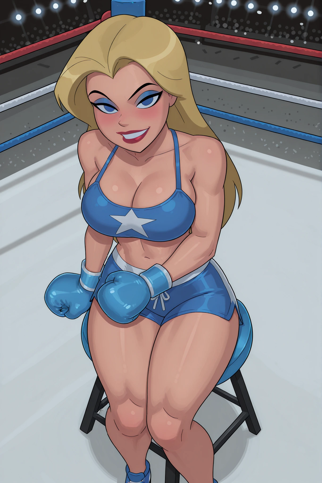 BREAK, score_6_up, score_7_up, score_8_up, score_9, Stargirl, 1girl, solo, long hair, blonde hair, blue eyes, lipstick, makeup, very , busty, cleavage, curvy, athletic, looking at viewer, seducing viewer, teasing viewer,  expression, smiling, closed mouth, bedroom eyes, blue  top, blue boxing shorts, blue boxing gloves, indoors, boxing ring, sitting on stool, closeup, portrait, high-angle view, blushing, blue eyeshadow, black mascara 