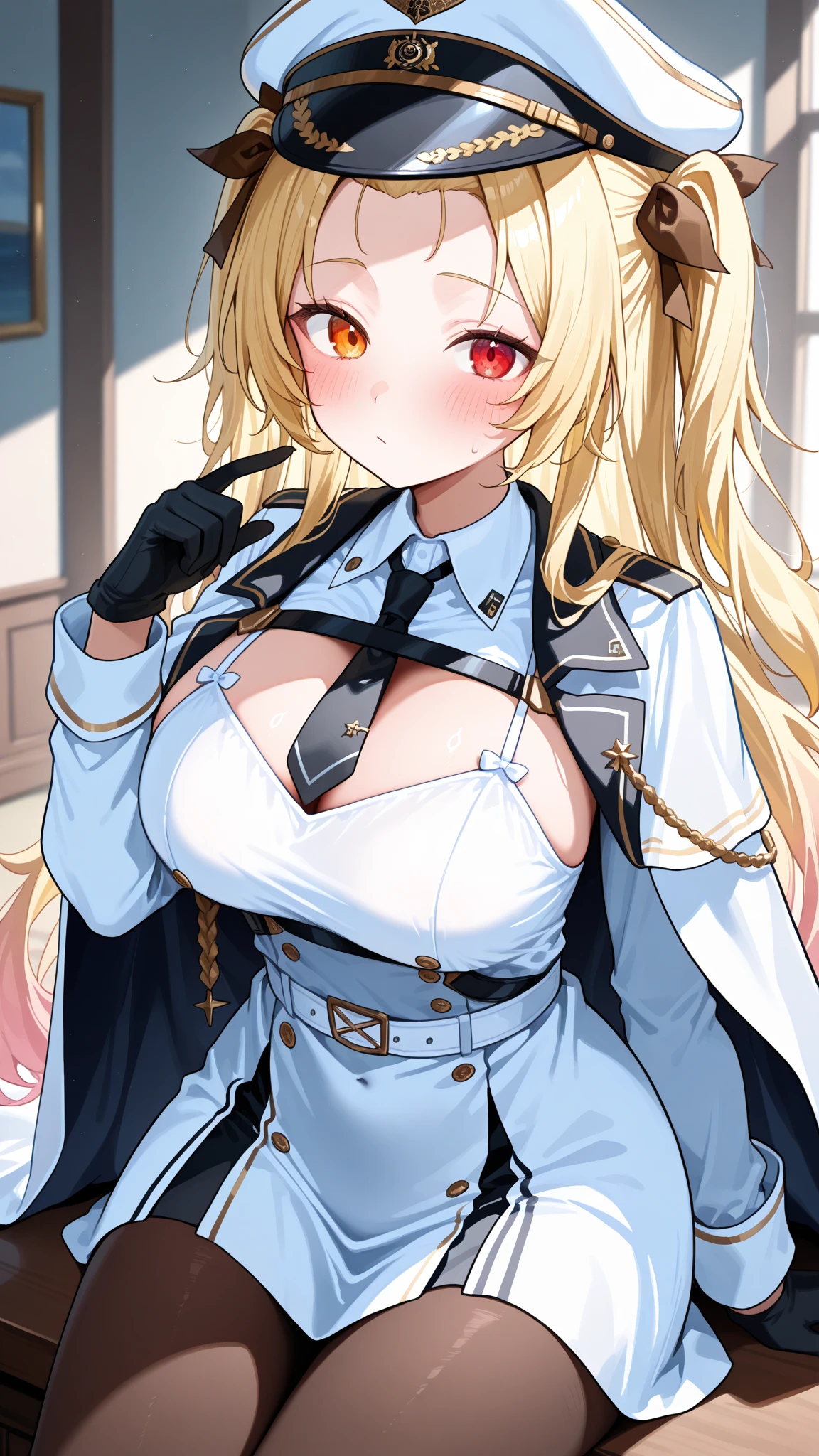 best quality, masterpiece, highres, solo, {colorado_kantaicollection:1.15}, blonde_hair, short_hair, braid, blue_eyes, side_braids, breasts, large_breasts, hat, headgear, garrison_cap, grey_headwear, necktie, blue_necktie, sleeveless, open_mouth, blush, capelet