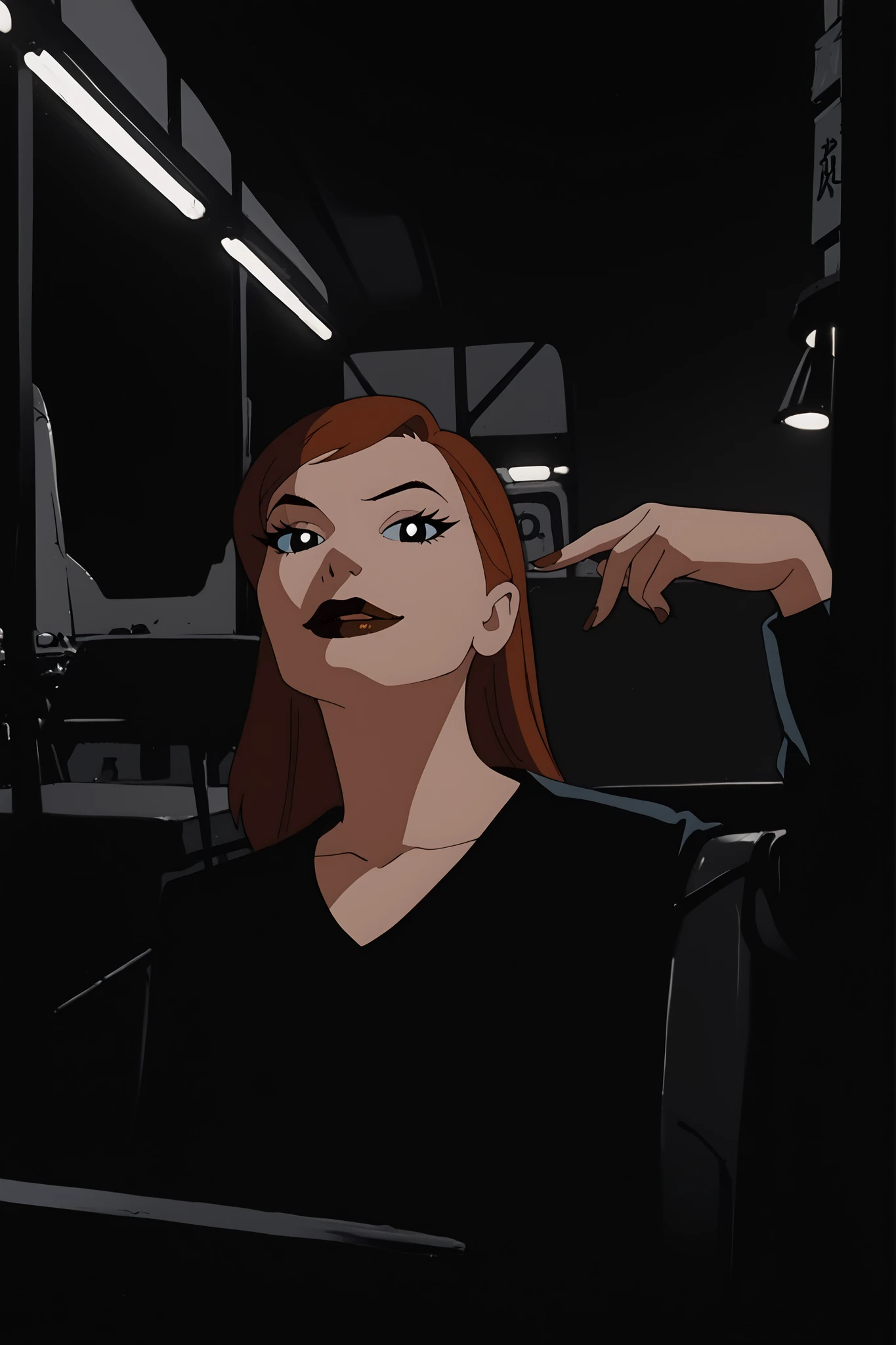 1980s (style), retro artstyle, source_cartoon, score_9, score_8_up, score_7_up, score_6_up, ((zPDXL2)), (cartoon, highly detailed, masterpiece, absurd resolution, perfect anatomy), cowboy shot BREAK barbara gordon, 1girl, black eyes, no pupil, no sclera solo, raised eyebrow, flirting, ((looking at viewer)), brown lipstick, standing, artfy, lineart, black and white, grayscale