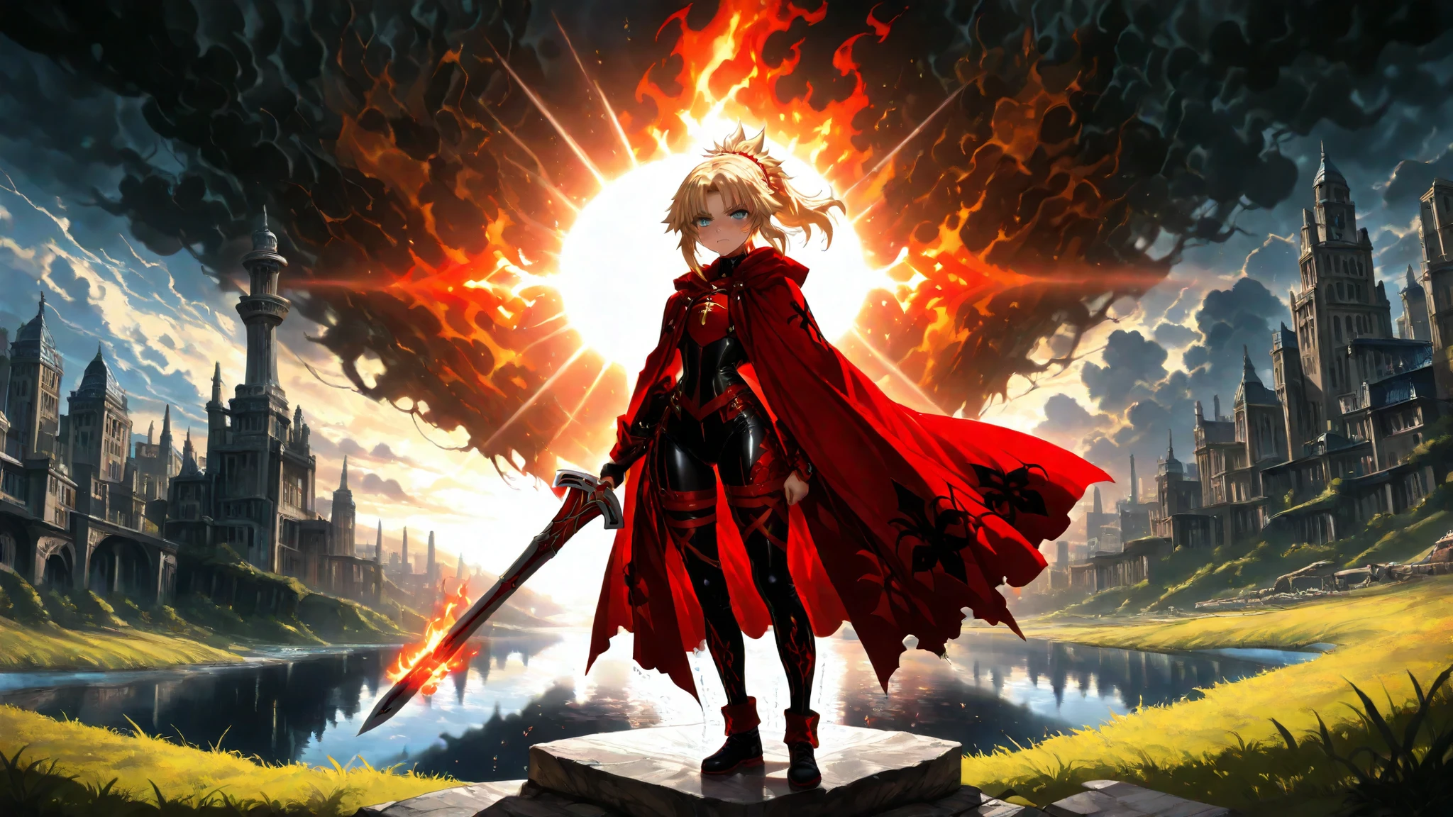A digital illustration shoot from a far camera angle about a fantasy landscape featuring a large, imposing dragon towering over a misty lake with a distant cityscape in the background. the scene is set against a dramatic sky filled with dark clouds and the sun is setting, casting a warm glow over the scene. on the right of the image, mordred \(fate/apocrypha\) a young girl stands in the foreground, facing away from the viewer, with his back turned towards the viewer. he is wearing a red cloak and holding a sword, and appears to be in a contemplative state. the blonde girl is standing on a grassy bank, with the lake stretching out in front of him, and the cityscape behind him is filled with tall, crumbling buildings and a distant waterfall. the dragon is towering over the lake, its scales glistening in the warm light of the setting sun. the overall atmosphere is one of awe and wonder, with a sense of calmness and tranquility. young little woman, skin tight, whole body, slim hips, intricate, porcelain skin, cross (symbol), flame skull print,  dynamic pose, clothing texture, beautiful girl, beautiful body, beautiful hair, Masterpiece, very aesthetic, perfect composition,  ((detailed eyes)), (highly detailed), ((Best quality :1.2)),((Detailed :1.5)),((Detailed background :1.5)). (HD eyes:1.4), ((4k,8k,Ultra HD)), {perfect body}, 2000s style, retro artstyle,Horror 