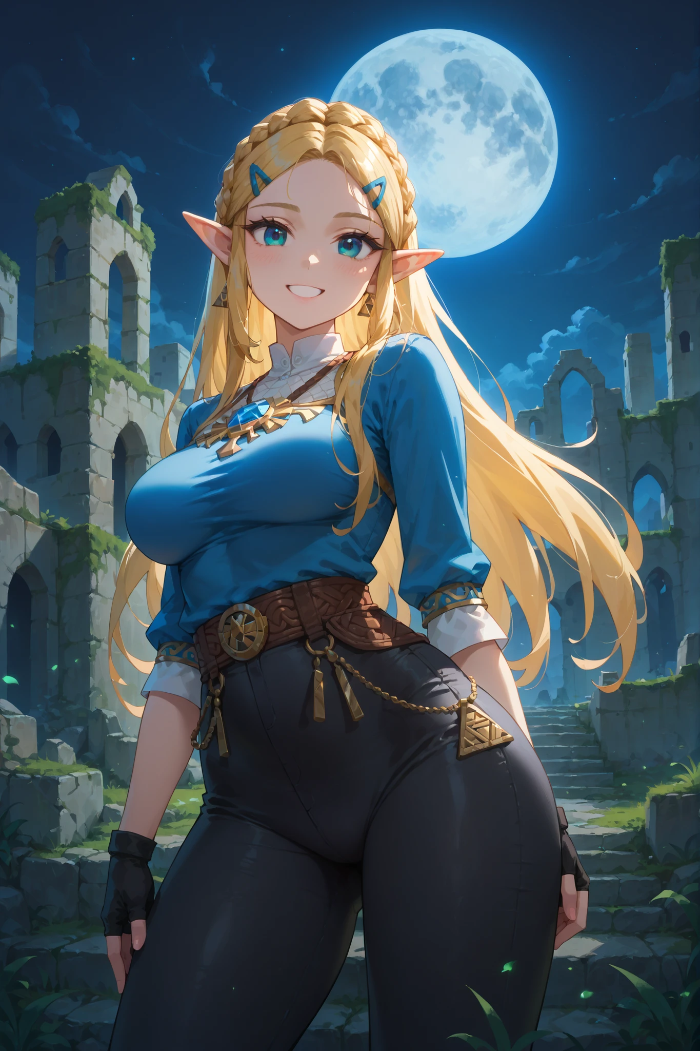 Masterpiece, highest quality, ru1ns, landscape, outdoors, solo, night, moon, masterpiece, highest quality, medium bust, (curvaceous), slim waist, BREAK, Princess Zelda, long hair, crown braid, hair clip, pointed ears, blue shirt, long-sleeved fingerless gloves, black gloves, black pants, tight pants, smiling, curvaceous, standing, smiling, looking at the viewer, cowboy shot, zzSantorini, exploring ruins, oblique view from below