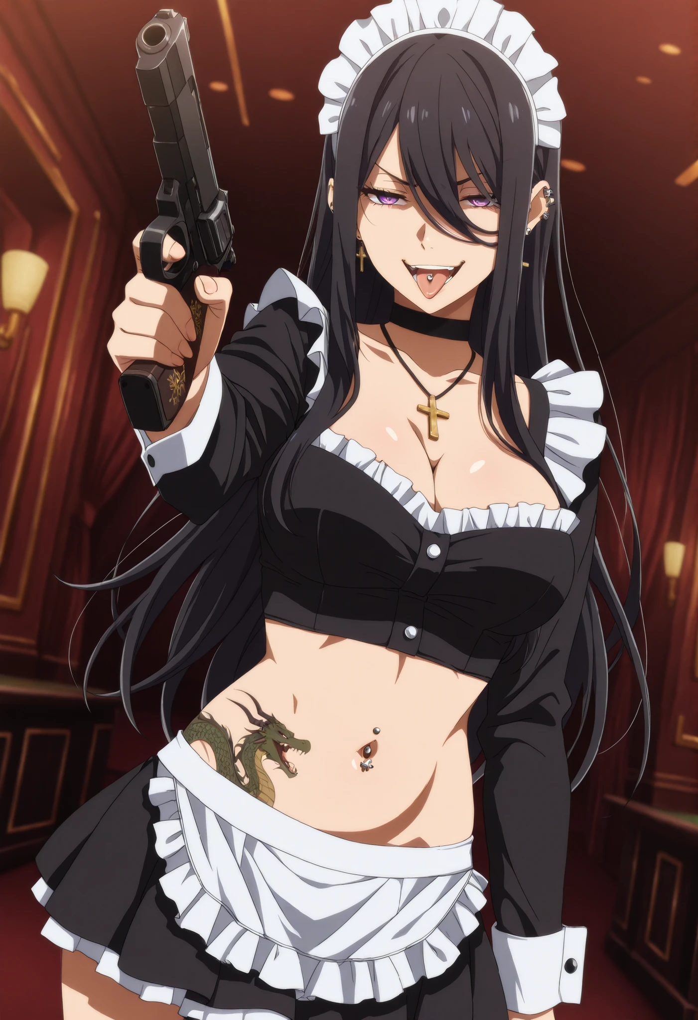 best quality,masterpiece,1girl,krstjgrth,anime coloring,solo,(black hair,purple eyes:0.8),(glaring:0.85) ,(eyelashes:0.9),,sidelocks, ,long hair,,ear piercing, long hair, , lipstick, Hot girl, baddie, , sensual, attractive , cross necklace, choker,jewelry, tongue piercing ,tongue out, open mouth,
jewelry, earrings, complex detailed background, casino environment, fancy interior environment,
rich interior, masterpiece, best quality, highly detailed, a girl in maid uniforms, holding pistol, maid
outfit, cleavage, evil smile, smile, open mouth ,official artwork, () , beautiful maid
girl, , micro skirt, exposed belly, exposed navel, exposed midriff, exposed lower belly, holding a gun, , ar
navel piercing,,, medium , dragon tattoo on waist, narrowed eyes, tattoo on waist, anipai_style , anime screencap , anime coloring, v-shape eyebrows,,