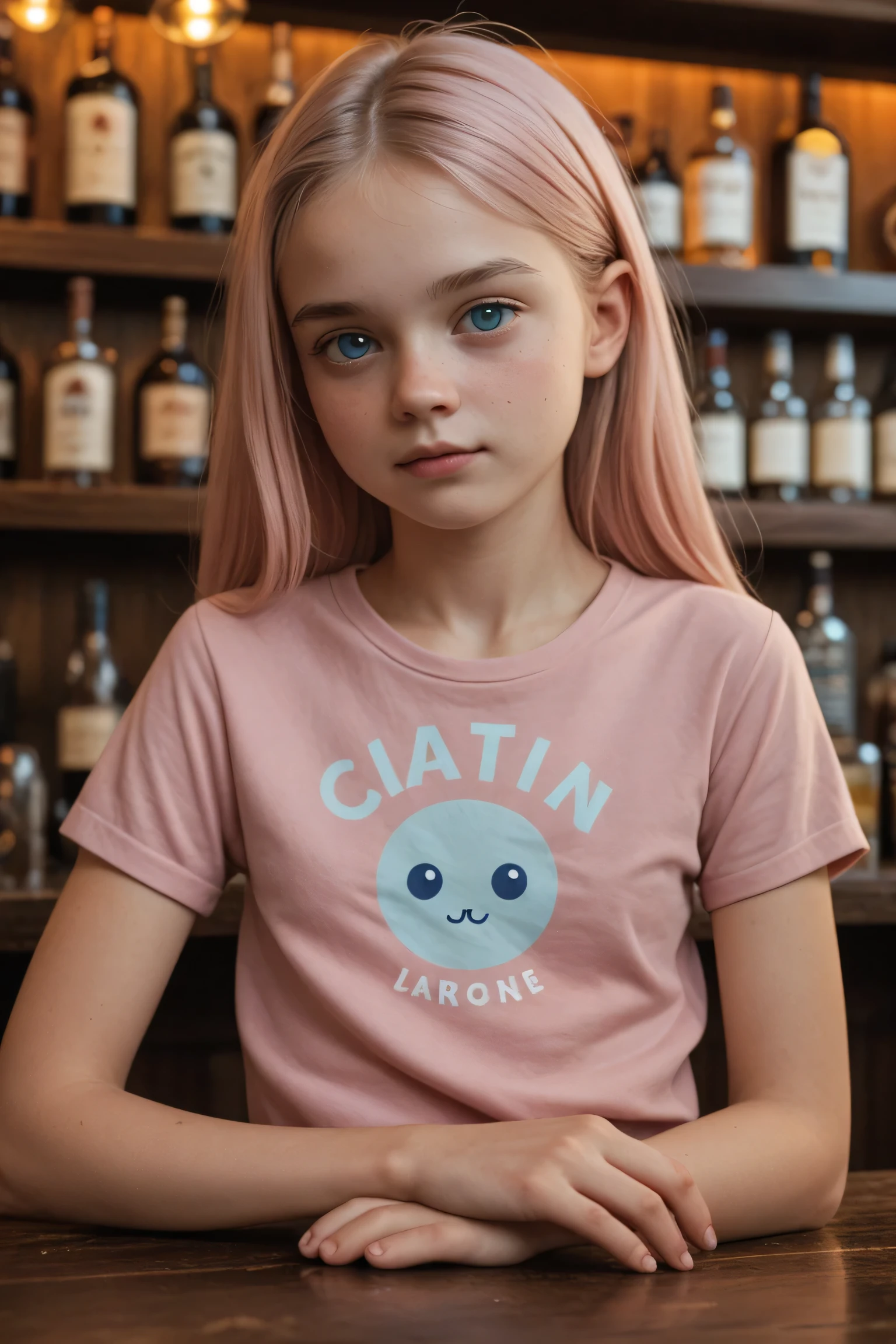 young caucasian female,small breast, long pink straight hair center parted,pale blue eye color,She is at a bar. She is wearing a T-shirt 