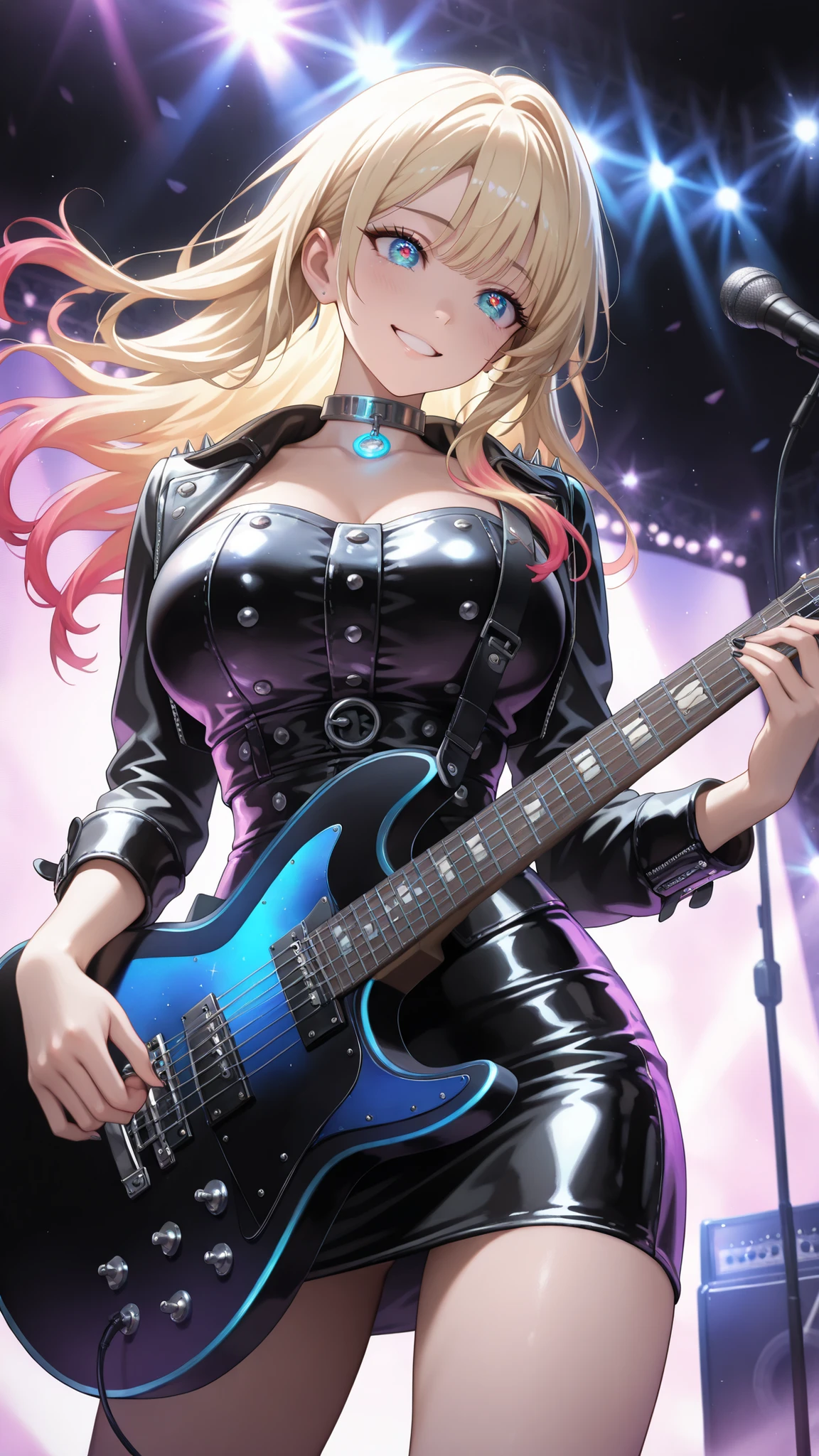 , very detailed depiction, perfect quality, High Quality, masterpiece, blonde hair, multicolored hair, long hair, blue eyes, smile , handsome woman , fashionista girl , punk woman, (full detailed black leather outfit , metal collar , choker , bow , leather skirt) , vibrant colors , extremely detailed eyes and face , long eyelashes , vivid colors , professional , ultra-detailed , studio lighting , bright colors , concert , large stage , young woman playing guitar , rock and metal music , trusty guitar , energetic performance , passionate expression , ethereal atmosphere , powerful guitar solos , electric guitar , energetic movement , magical glow , intricate details , volumetric lighting , iridescent colors , glowing lighting , atmospheric lighting , lens flare , Cinematic light , colorful light