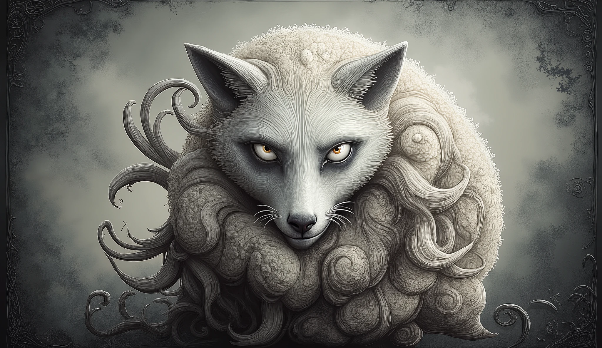 Surreal fantasy, detailed, intricate, with patterns, texturized, dreamy and fantastical mood, wolf in sheep's clothing by Benjamin Lacombe with patterns