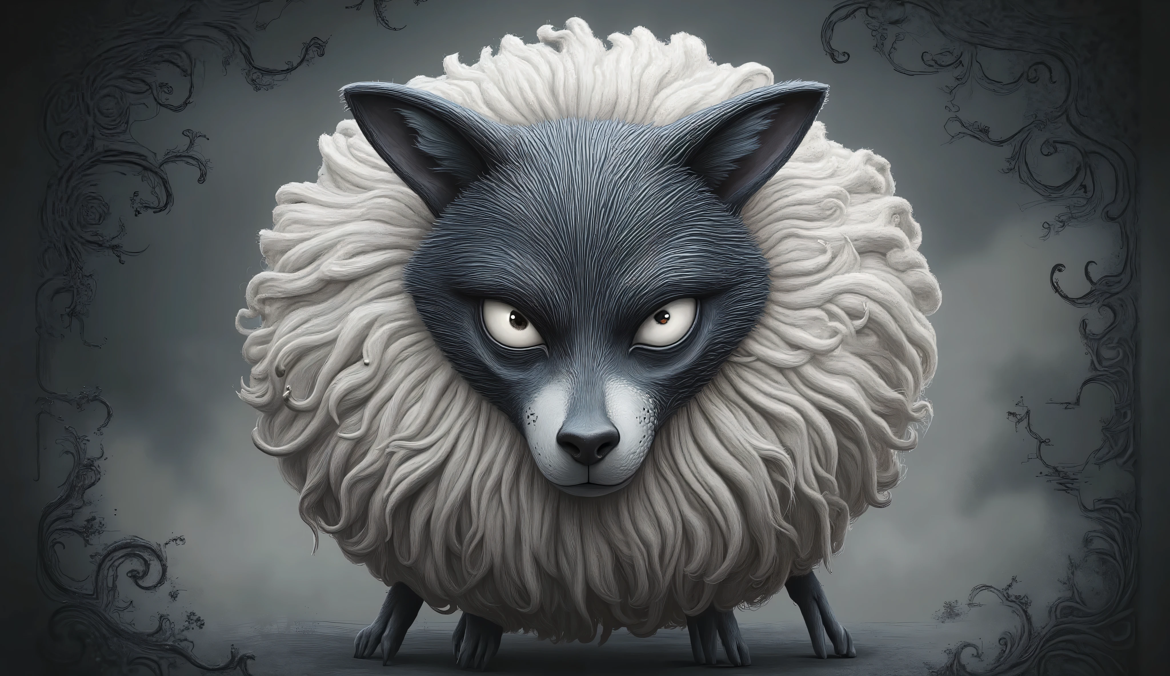 Surreal fantasy, detailed, intricate, with patterns, texturized, dreamy and fantastical mood, wolf in sheep's clothing by Benjamin Lacombe with patterns