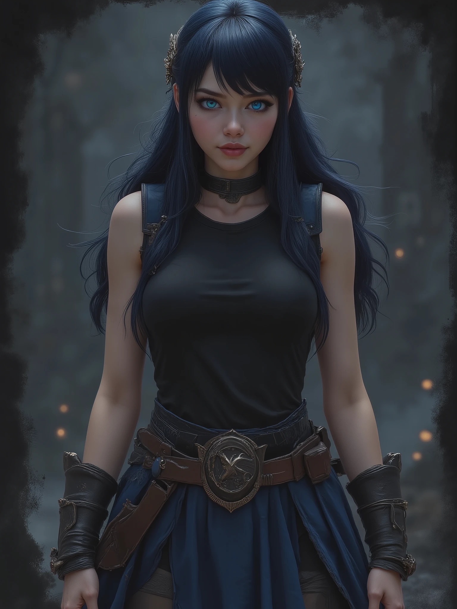 marinette Dopanchan, A very beautiful and cute 22 year old woman with a slight smile. (((Shy smile))), sharp focus on the face, (((Western eyes:1.5))), (((Extremely detailed ice-blue eyes, beautiful eyes, beautifully detailed eyes))), (((delicately detailed thin pink lips))), (((long hair, shiny hair))), (((black medieval steampunk style sleeveless t-shirt))), (((Dark Blue medieval steampunk style leather warrior pants))), (((full body view, dynamic pose, standing:1 . 5, graceful pose))), (((The background is Dark Gray and painted with expressive, visible textures using dynamic brushstrokes and strokes that add depth and movement. The paint covers only the area just behind the subject. The outer edges of the image with black margins, as if the background had been painted with a brush and with expressive and visible textures using dynamic brushstrokes and strokes fading toward the edges creating a modern and artistic vignette effect))). Cinematic lighting, soft depth of field, (((masterpiece/high resolution/Best Quality/top quality/high quality/UHD/16k quality))), sharp focus, no blur, film grain, bokeh.