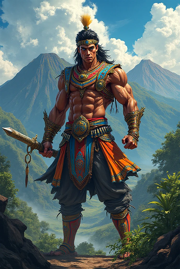 Arjuna in Mahabarata, holding a bow and arrow, Javanese princess, majapahit warrior, long wavy black hair, hair tied up, wide eyes looking sharp and firm, very handsome face,  chested, wearing ancient Javanese knight jawelry, realistic, background black, fantasy, intricate, elegant, highly detailed, digital painting, art station, concept art, no background, Movie Poster