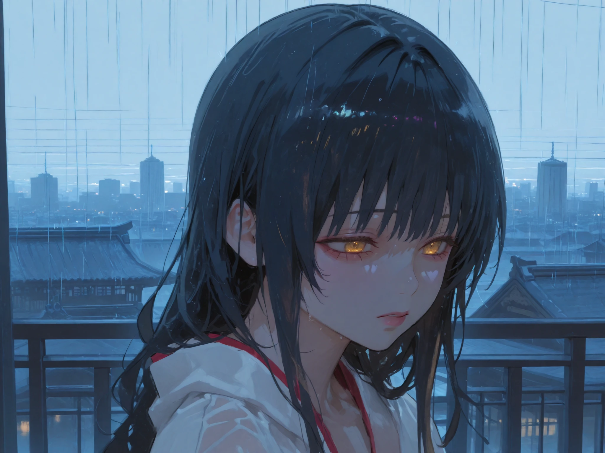 サイバーShrine maiden、Shrine maiden、yuki mikan、Buildings,high quality,perfect 4K rendering with every detail,realistic texture,portrait style,Deep colors,dramatic lighting,Rainy day cityscape,The perfect background,delicate metal texture,dark atmosphere