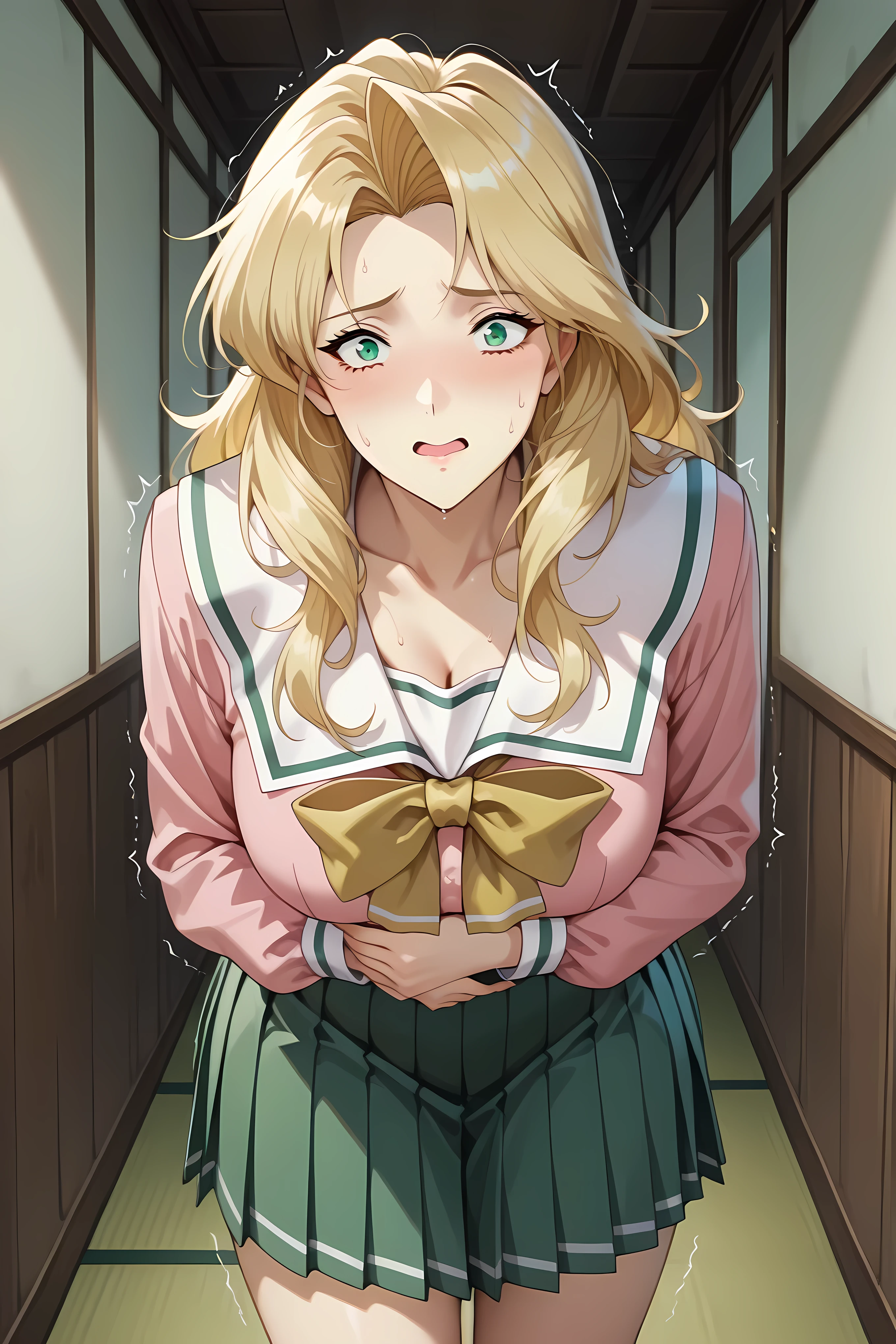 kaori, blonde hair, serafuku, pink shirt, pleated skirt, green skirt,

general, masterpiece, highres, ultra-detailed, hyper-detailed, best quality,  amazing quality, very aesthetic, best hands, best eyes, best hand,
adult woman, 1girl, hand on own stomach, sweat,  leaning forward, nervous, scared, trembling legs, in a wooden dorm hallway, tatami floor

