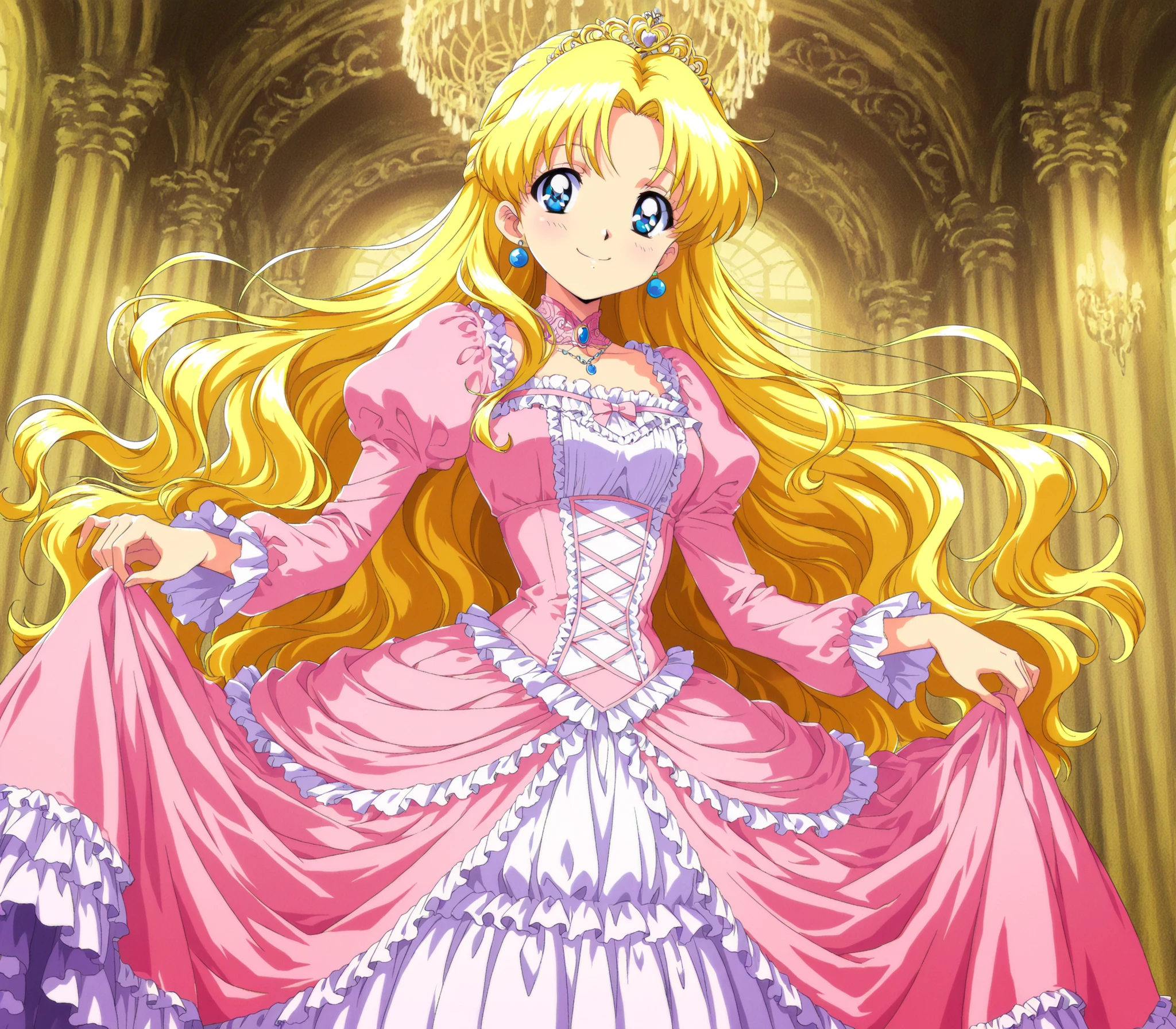 masterpiece, very beautiful, (Anime Coloring, anime screenshot with sticking out of hands), OFFICIAL ART, illustration, 1990's Anime Style,
1girl, masterpiece, Highest Quality, absurd, OFFICIAL ART, Official Style, Cute Princess, she's smiling,((pink silk satin victorian style large ball gown dress.:1.0)),short,long sleeve,The dress is decorated with lots of ruffles and bows., have waist-length blonde wavy long hair,they wear a princess tiara on their heads,In a gorgeous European rococo palace,detailed background 1.0