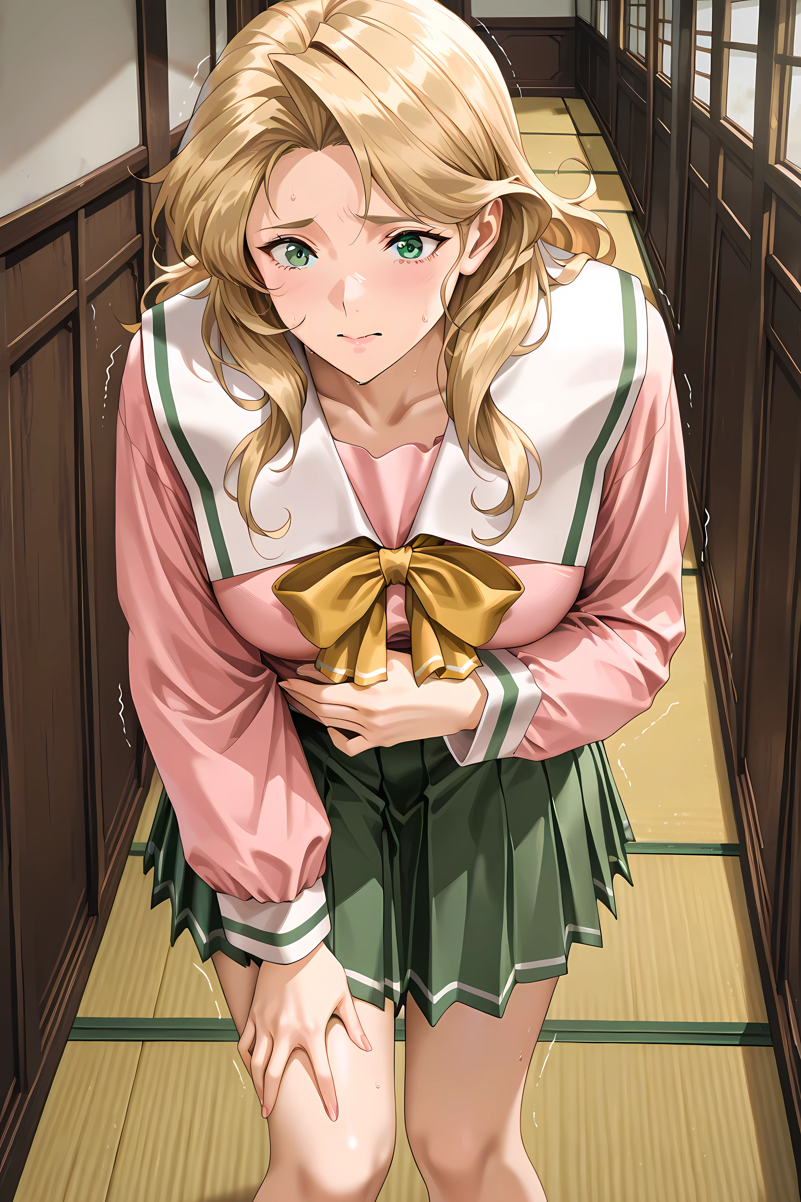 kaori, green eyes, blonde hair, serafuku, pink shirt, pleated skirt, green skirt, general, masterpiece, highres, ultra-detailed, hyper-detailed, best quality, amazing quality, very aesthetic, best hands, best eyes, best hand, half body shot, close up,
adult woman, 1girl, hand on own stomach, sweat, leaning forward, nervous, scared, trembling legs, in a wooden dorm hallway, tatami floor
