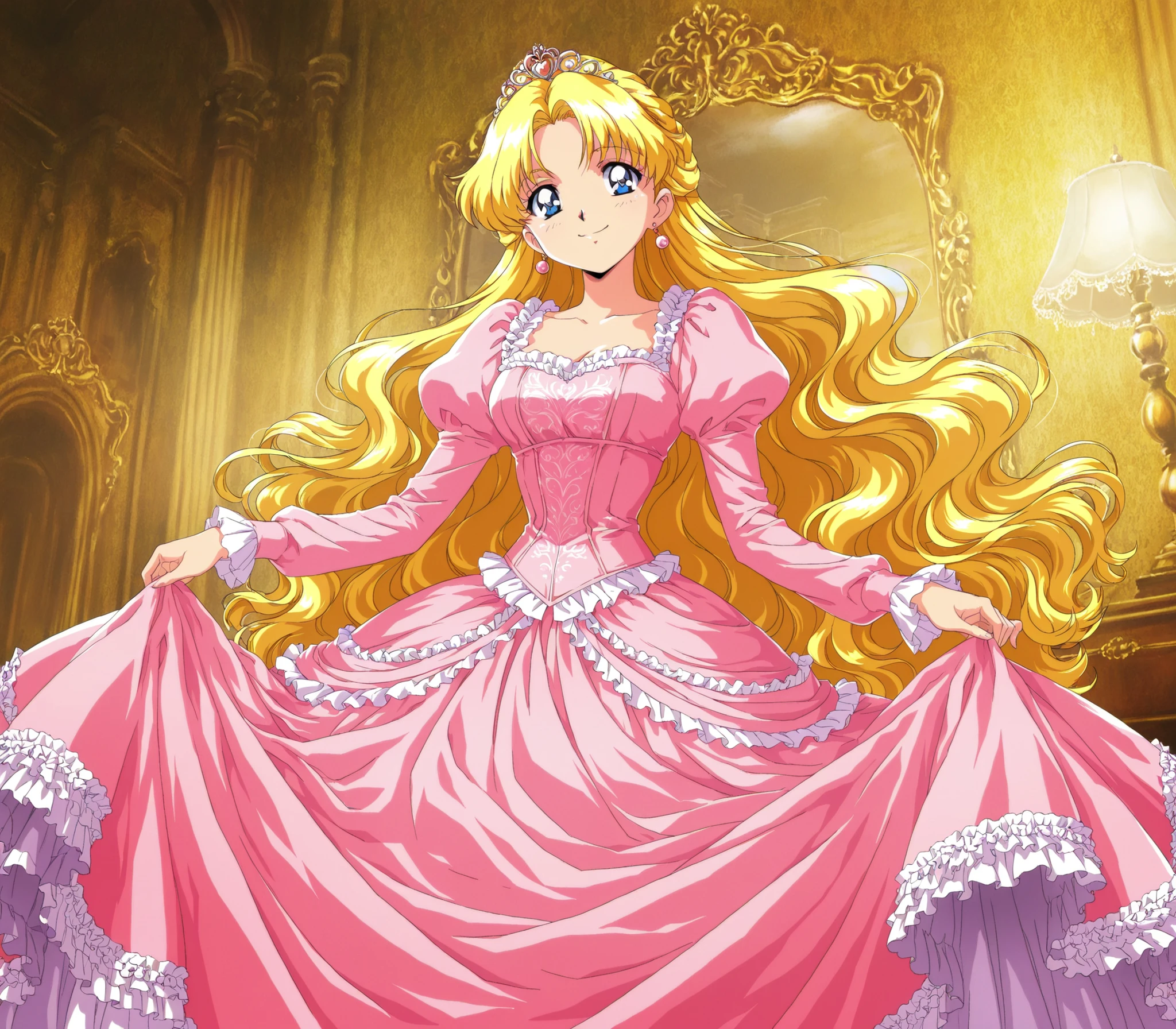 masterpiece, very beautiful, (Anime Coloring, anime screenshot with sticking out of hands), OFFICIAL ART, illustration, 1990's Anime Style,
1girl, masterpiece, Highest Quality, absurd, OFFICIAL ART, Official Style, Cute Princess, she's smiling,((pink silk satin victorian style large ball gown dress.:1.0)),short,long sleeve,The dress is decorated with lots of ruffles and bows., have waist-length blonde wavy long hair,they wear a princess tiara on their heads,In a gorgeous European rococo palace,luxurious living,Victorian Furniture,detailed background 1.0