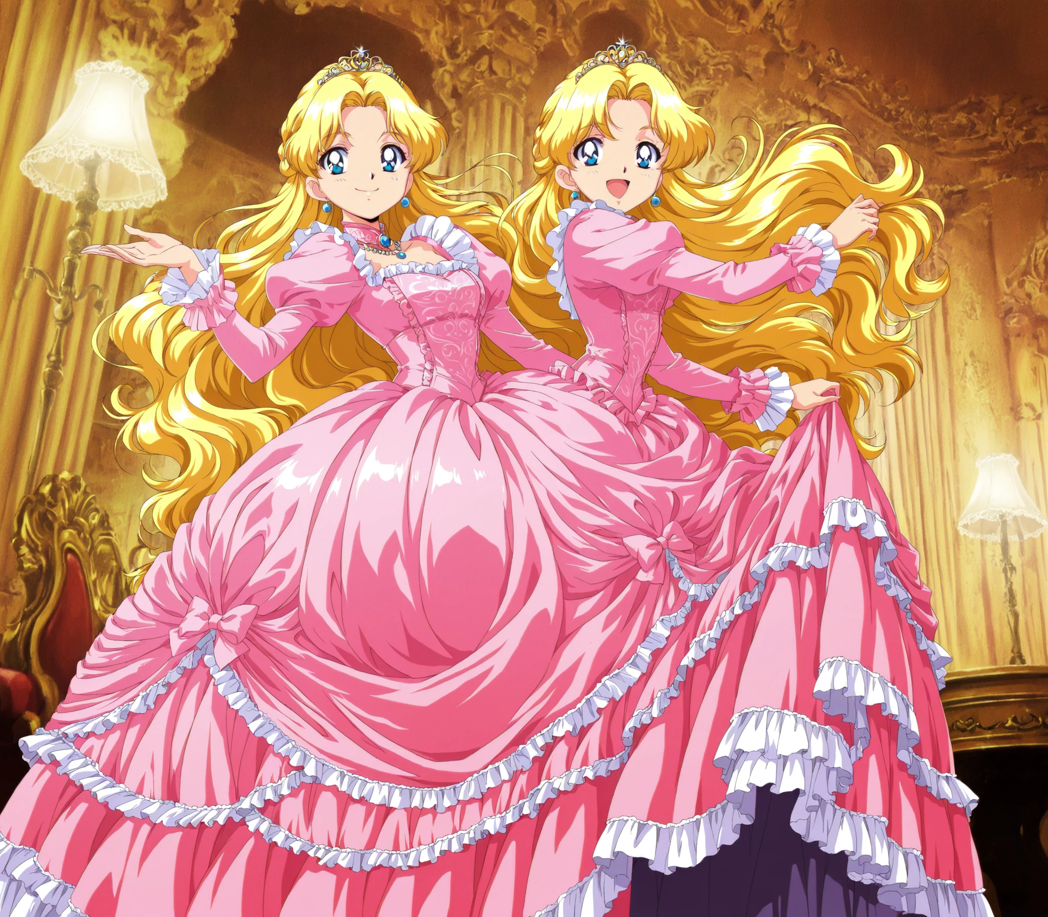 masterpiece, very beautiful, (Anime Coloring, anime screenshot with sticking out of hands), OFFICIAL ART, illustration, 1990's Anime Style,
1girl, masterpiece, Highest Quality, absurd, OFFICIAL ART, Official Style, Cute Princess, she's smiling,((pink silk satin victorian style large ball gown dress.:1.0)),short,long sleeve,The dress is decorated with lots of ruffles and bows., have waist-length blonde wavy long hair,they wear a princess tiara on their heads,In a gorgeous European rococo palace,luxurious living,Victorian Furniture,detailed background 1.0