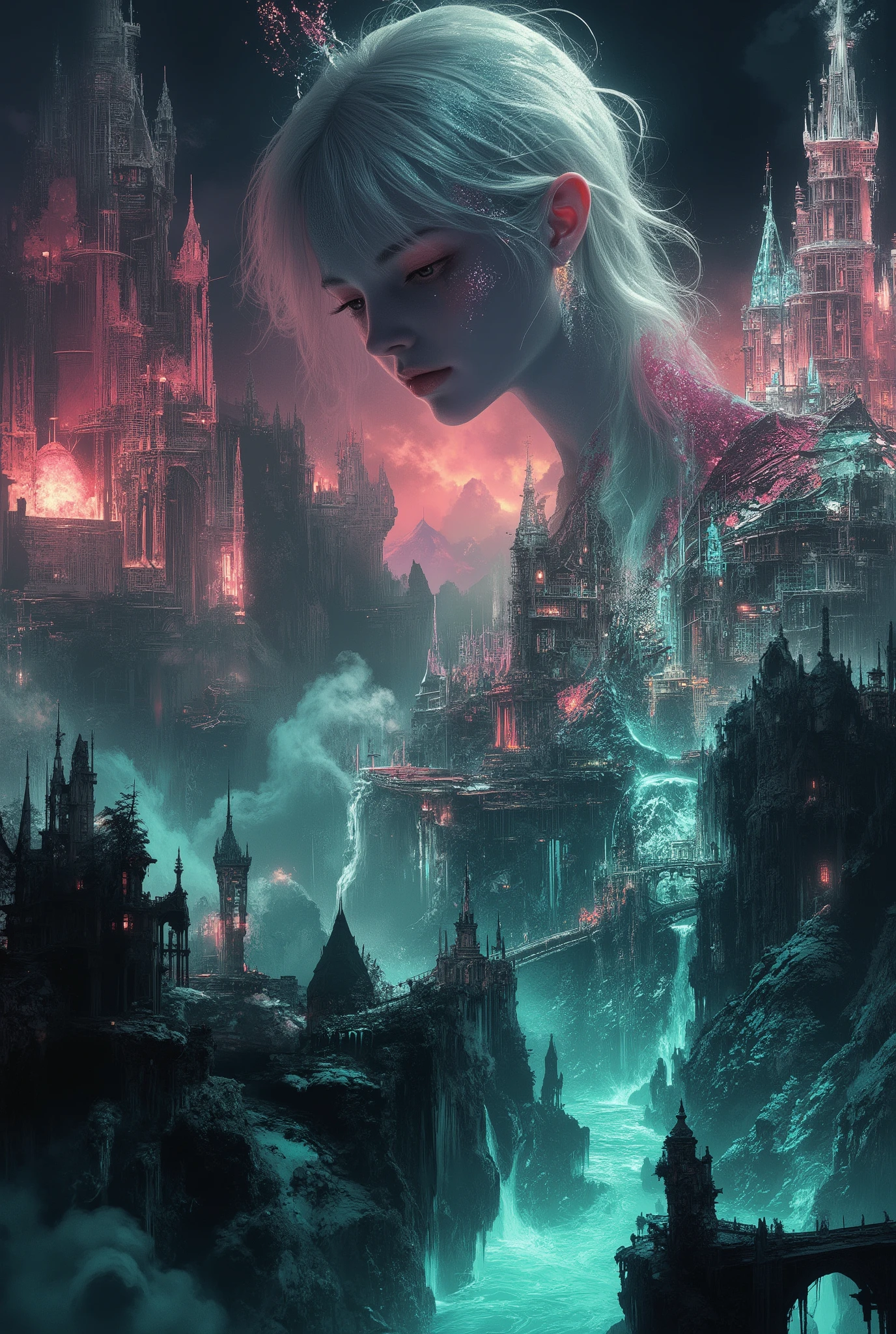 Silhouette art, breathtaking detail, a masterpiece that inspires awe, a shining, magnificent, dark background, the outlines of magnificent architectural objects emerging in the dark, ornate and incredibly detailed, pink, blue, neon-outlined castles and towers, delicate arches, aerial bridges spanning the transparent waves of the emerald channel enclosed in granite slabs Along the mossy embankment, the midnight glow at the horizon highlights the depth of the fabulous landscape and creates a fantastic color gradient, a photorealistic portrait of a stunning oriental pale-skinned woman.-the vampire, the queen of nocturnal fantasy, looking down over her shoulder, a long white bob, bangs, finely detailed strands falling over her face, give the image mystery and mystery, slightly squinted almond-shaped expertly lined, very light, almost snow-blue irises, the shadow on her eyes from incredibly thick, curved long, almost doll-like eyes eyelashes, parted full juicy shiny crimson lips, showing slightly exposed snow-white fangs, a seductive, sultry, lustful mistress dressed in the finest iridescent lace, through which shines a luxurious, white, delicate, seductive body, silhouette, light falling from the side of the face, the other side of which is hidden in darkness, the atmosphere of an intriguing dark mystery, highly detailed digital art on the theme of Gothic fantasy, surrealism and abstraction.