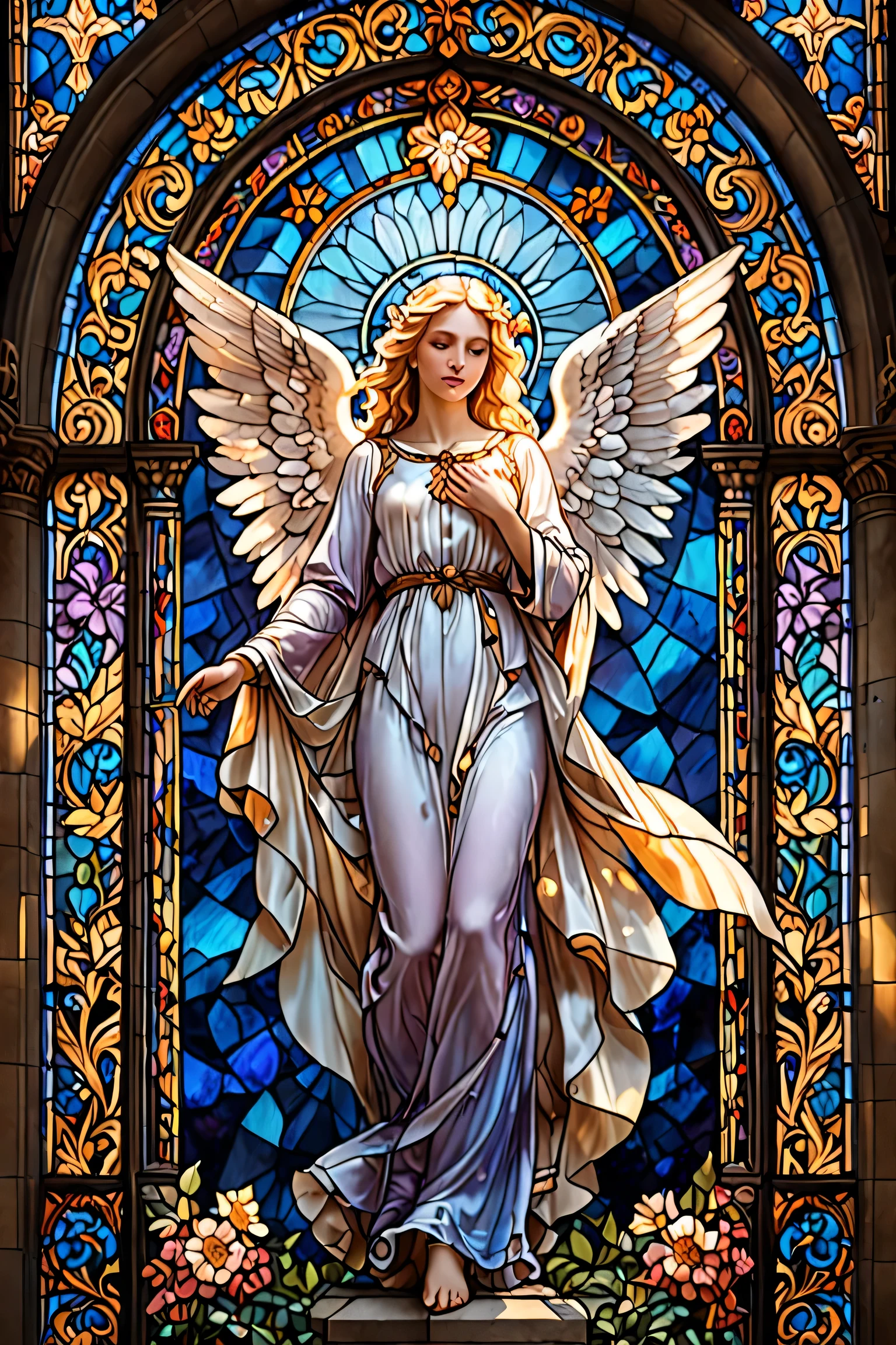 detailed angelic blond figures,ornate stained glass window backdrop,warm glowing lighting,dramatic heavenly atmosphere,intricate architectural details,photorealistic,masterpiece,ultra-detailed,studio lighting,physically-based rendering,vibrant colors,dramatic lighting, modern style, tons de azul e lilas