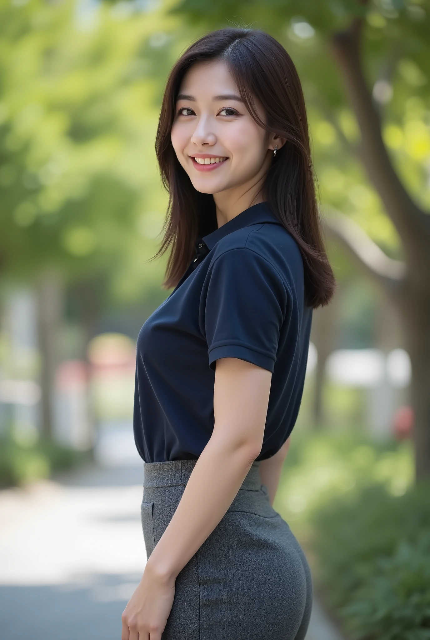 (masterpiece, photorealistic, natural shading:1.4)
(A very beautiful 28-year-old Japanese woman),
(A cute oval-shaped face:1.2),
(A gentle smile with slightly droopy eyes),
(A delicate figure, a voluptuous bust:1.3),
(Straight, medium-length, dark brown hair),
(A tight, midi-length, dark gray pencil skirt),
(A dark navy blue polo shirt:1.4),
(Smiling with a calm expression, looking at the camera over her back),
(A shot of her above the knees from the side in the shade of a bright park)