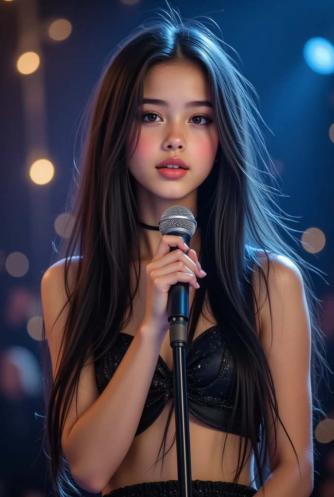 Very beautiful young teenage girl dengan rambut hitam medium lurus, has perfect small breasts, is performing on the concert stage. She holds the microphone with a stunning stunt, wearing a sexy sailor mars costume, sarung tangan hitam. The atmosphere of the stage is sparkling and epic with majestic lights all around. Composition display 3/4 tubuh, dramatic lighting, stunning stage effects, detail ultra tinggi, professional photography,  Dynamic viewing angle , resolusi 8K, hyperrealistic quality, Very beautiful young teenage girl, straight medium dark hair, Mata Biru jernih, mata bulat besar, mata yang indah, hidung mancung, bibir merah lembut, perfect small tits, cleavage on the lower chin, Tubuh langsing, very white and clean skin, Perfectly proportioned body and head, tatapan mendalam, pakai anting kecil, pakai kalung cantik, 8K Ultra HD Resolution
RAW photo, photorealistic quality
Maximum Sharpness, (karya agung:1.3,8k:1.3,Kualitas Tertinggi:1.3,detail:1.3,resolusi tinggi:1.3,lukisan digital,sangat detail), practice, Foto yang jelas, detail realistis, highly detailed background, Very clear background.