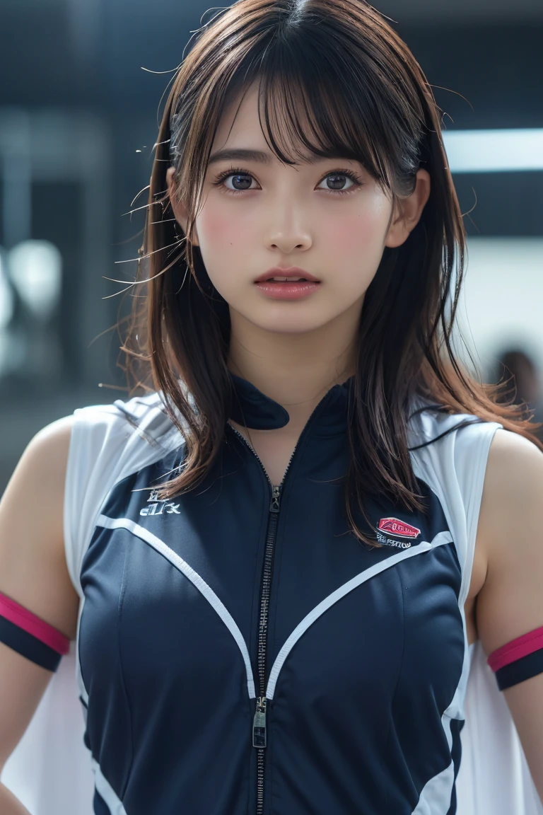 (8K、Raw photography、top-quality、​masterpiece:1.2)、(realisitic、Photorealsitic:1.37)、ultra-detailliert、超A high resolution、女の子1人、see the beholder、beautifull detailed face、A smile、Constriction、(Slim waist) :1.3)、shirt beautiful skin、Skin Texture、Floating hair、Professional Lighting、The upper part of the body、Whole human body、Longhaire、a blond、Women's Marathon Uniforms、athletic field