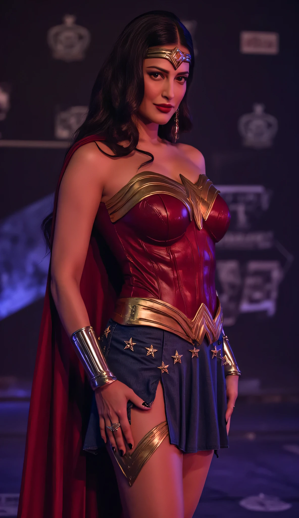 realism、live-action、Cosplay event venue、Wonder Woman、微笑Wonder Woman、with a beautiful smile、standing on stage at a cosplay event、Realistic People、clear expression 、Rich Textures、metal bracelet、Red and blue suit、seductive posture、Indoor light、delicate skin texture、high-detail 4K rendering、Realistic、portrait、Professional、vivid colors、Superb Light and Shadow