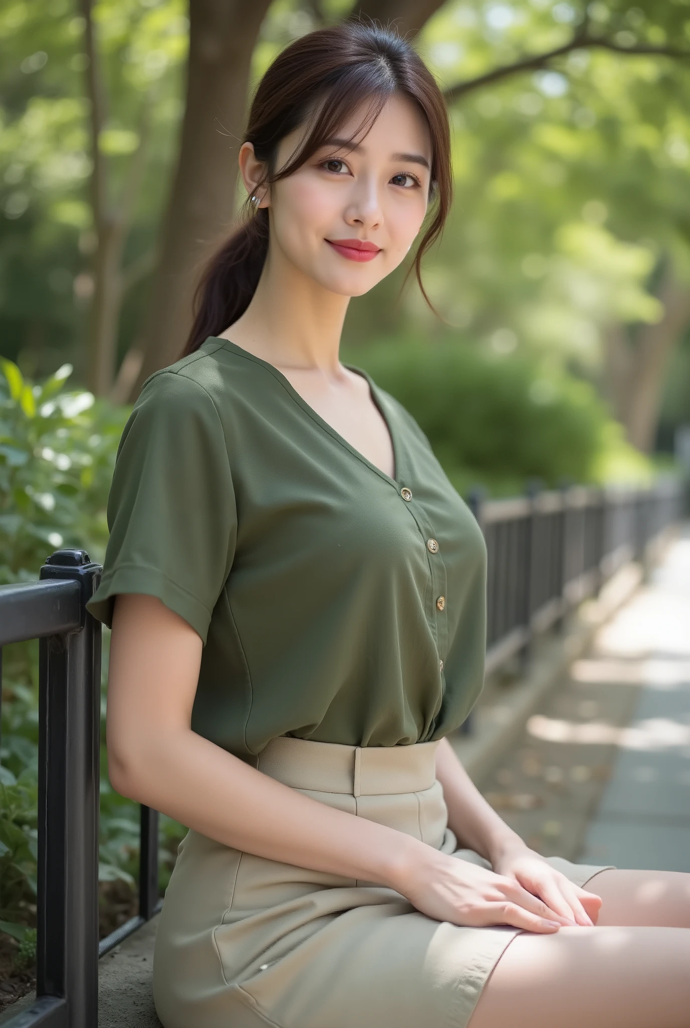 (masterpiece, photorealistic, natural shading:1.4)
(A very beautiful 25-year-old Japanese woman),
(A long, mature, and beautiful face:1.2),
(A gentle smile with slightly droopy eyes),
(Slender figure with a slim waist :1.3),
(Medium-length, straight brunette hair in a ponytail),
(A moss green linen short-sleeved blouse and a beige cotton midi-length flared skirt..:1.4),
(small silver earrings)
(Smiling, calm, looking directly at the camera)
(Leaning against a fence in the shade of a tree in a bright park. Knee-length profile shot)